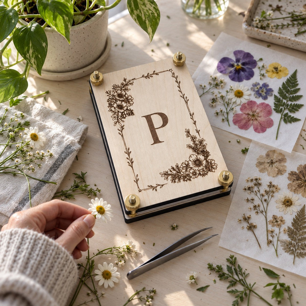 Monogram wooden flower press beside colorful and browned pressed flowers, tweezers, fresh blooms, and blotting paper on a bright home crafting table.