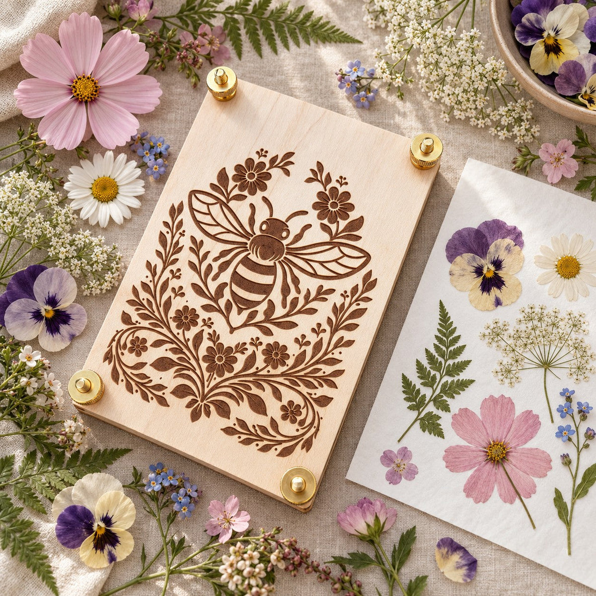 Wooden bee flower press surrounded by fresh and pressed flowers, including pansies, daisies, cosmos, ferns, and delicate white blooms.