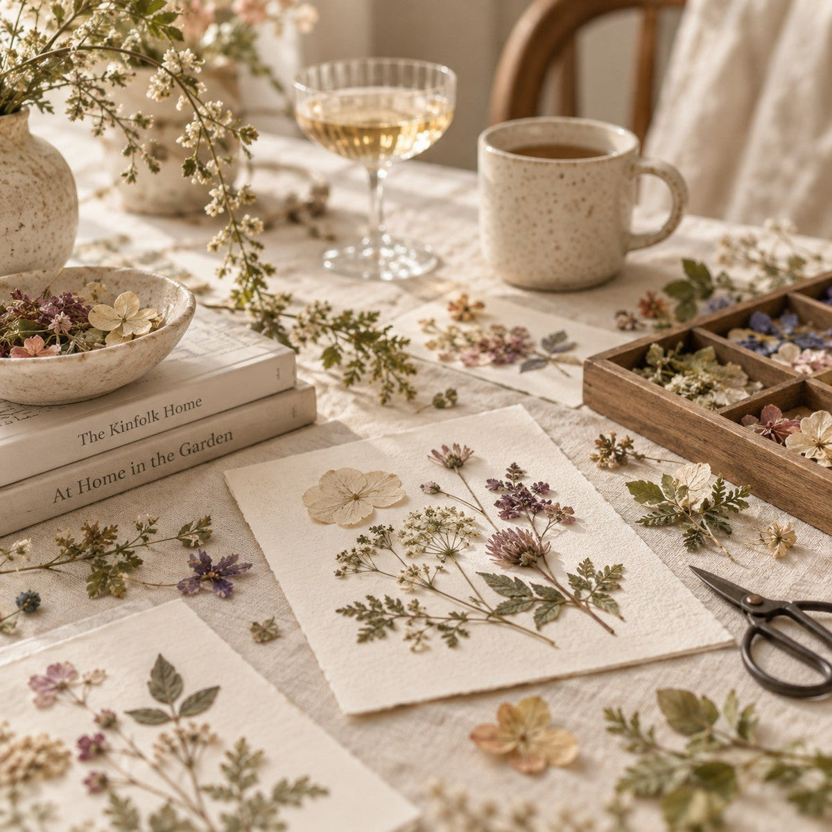 Pressed flowers and botanical clippings arranged on a linen-covered table with scissors, dried blooms, books, and a cup in a cozy natural workspace.