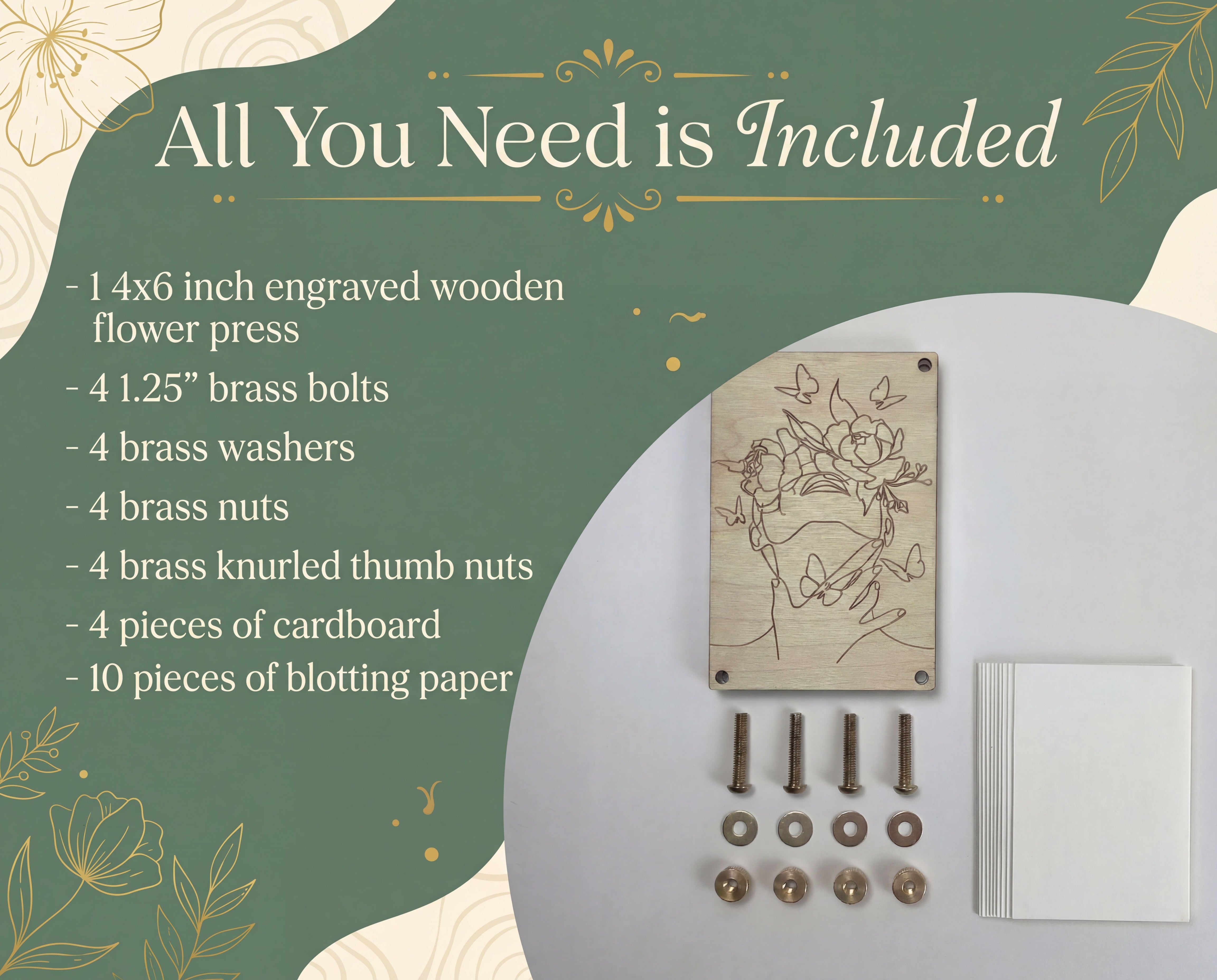 Flat lay graphic showing what’s included with the 4x6 engraved wooden flower press kit: maple press with woman line art, brass bolts, washers, nuts and knurled thumb nuts, plus cardboard and blotting paper.