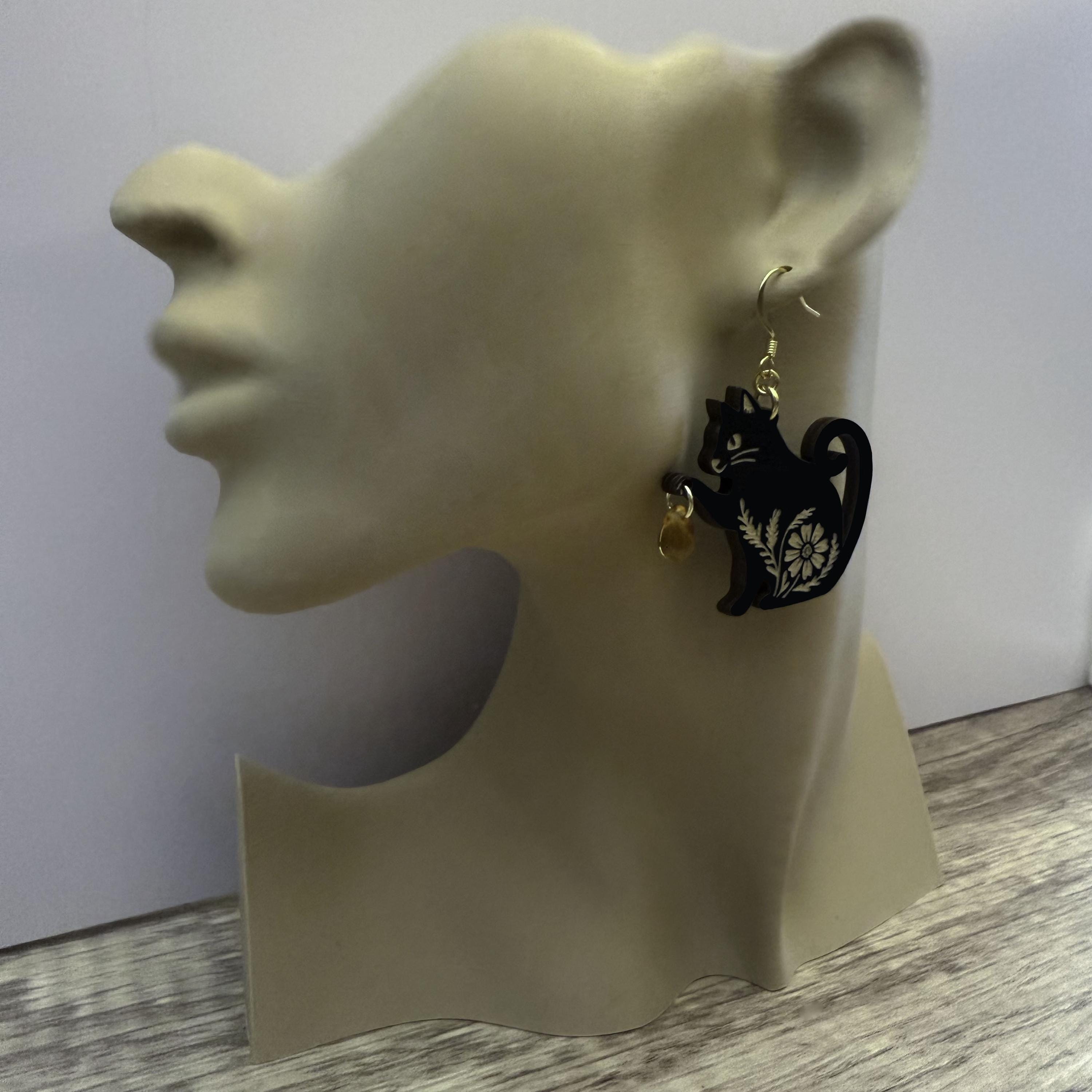 14K Gold Black Cat Dangle Earrings