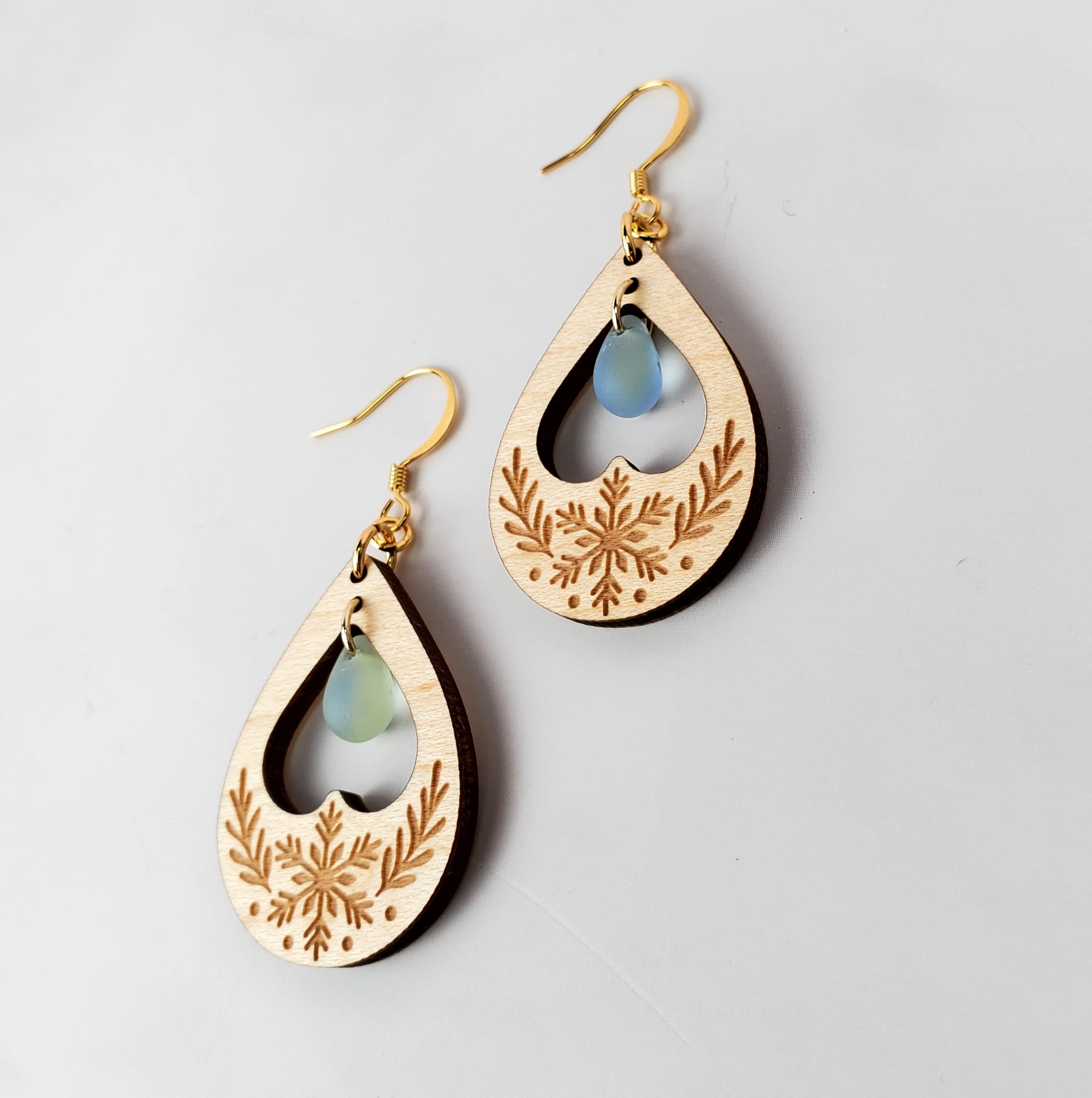 Snowflake Heart Drop Wooden Earrings