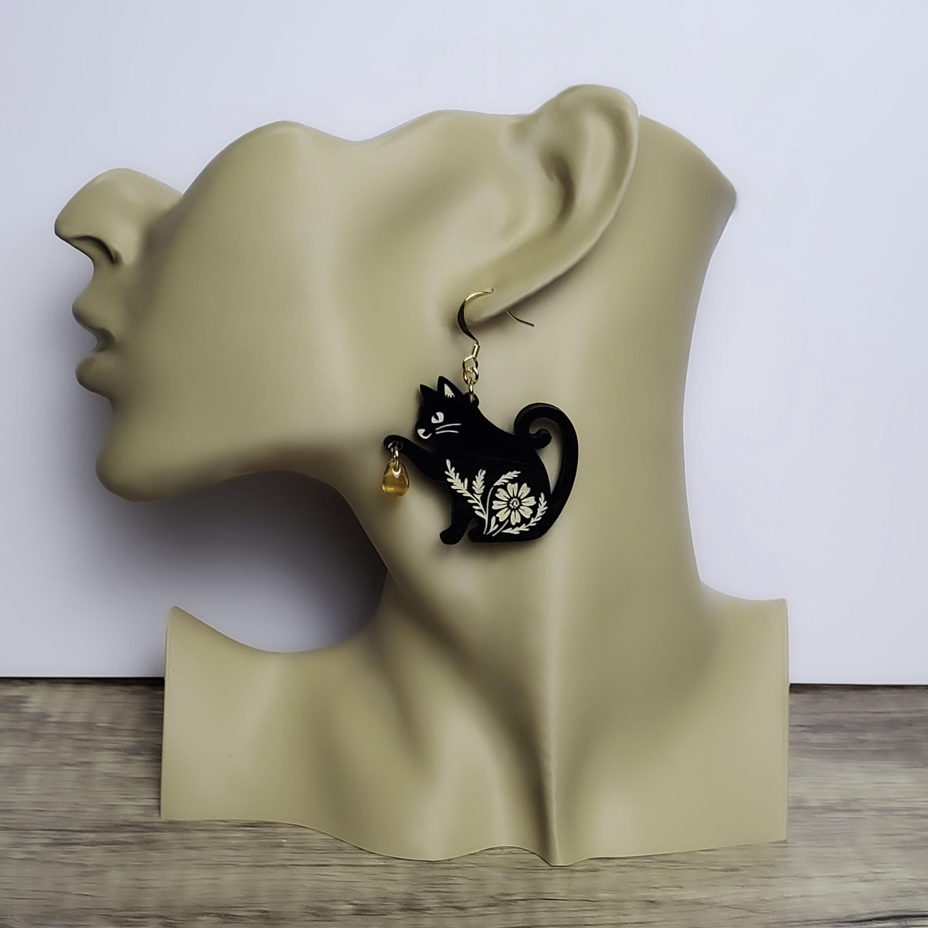 14K Gold Black Cat Dangle Earrings