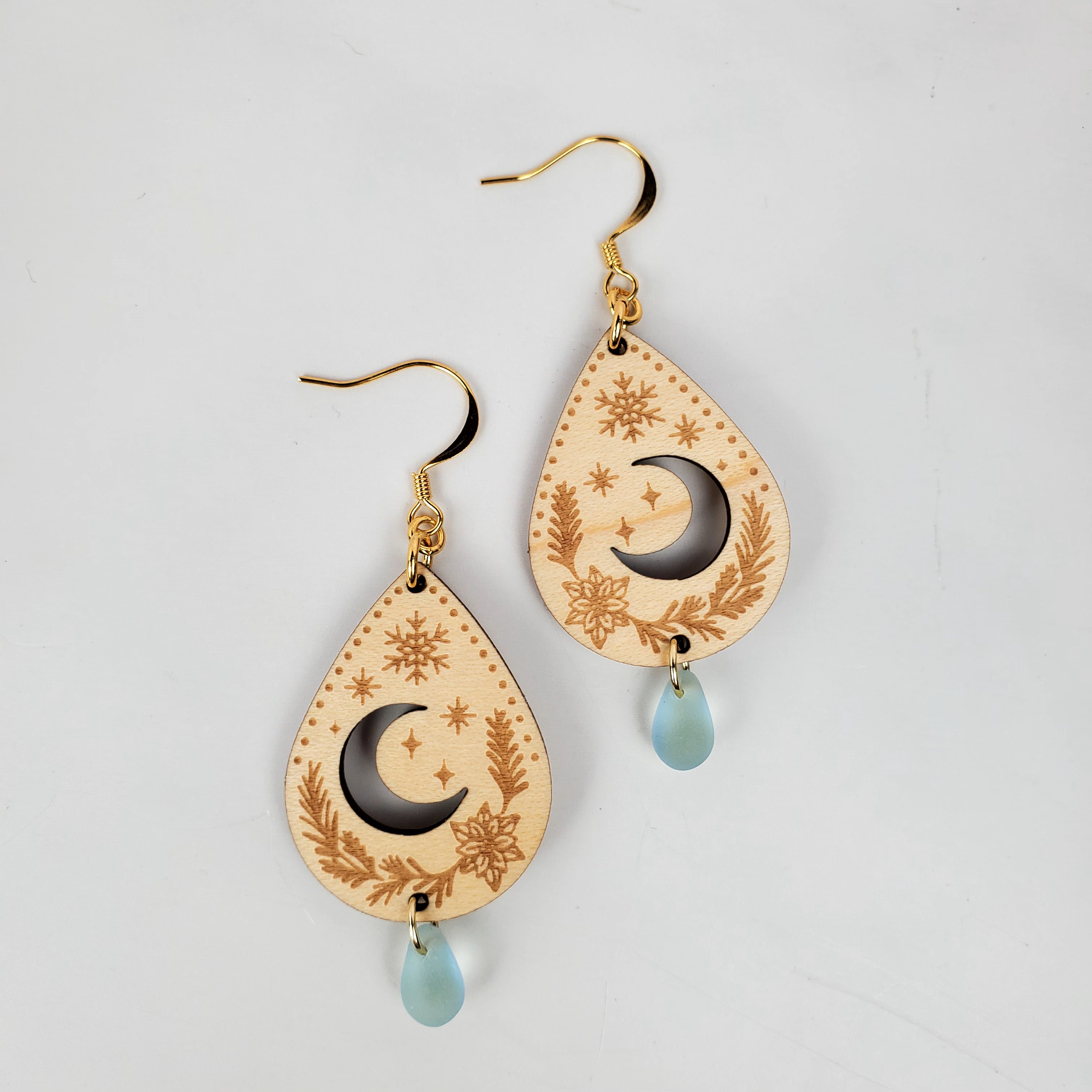 Peaceful Night Moon and Snowflake Wooden Earrings