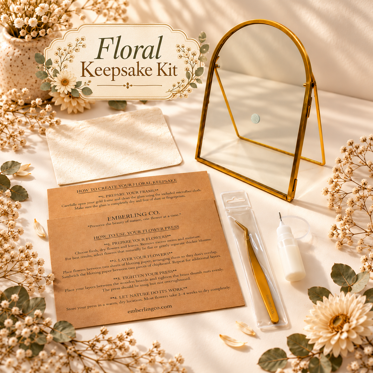 A styled flat-lay of a 'Floral Keepsake Kit' by Embeling Co. on a cream fabric background decorated with dried flowers and greenery.