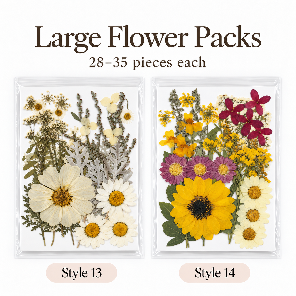 Two framed arrangements of pressed flowers labeled Style 13 and Style 14, with text above reading 'Large Flower Packs' and '28-35 pieces each.' The packs contain mixed dried and pressed flowers including white, yellow, purple, and burgundy blooms with green and gray foliage on a white background.