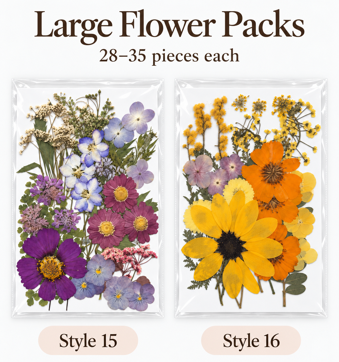 Two clear plastic packets containing pressed large flower packs are shown side by side on a white background, with text reading 'Large Flower Packs' and '28-35 pieces each' above, and labels 'Style 15' and 'Style 16' below.