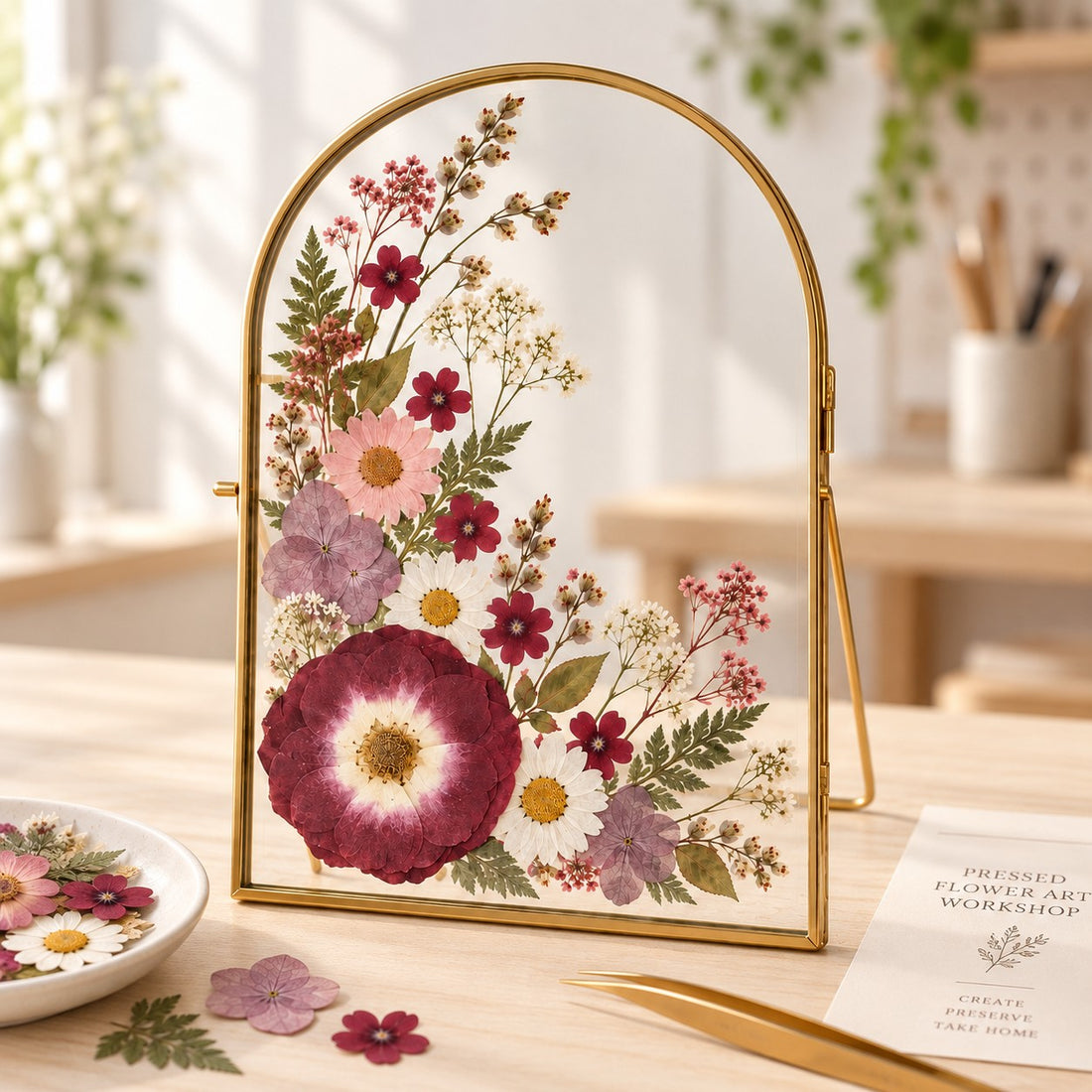 Pressed flower art workshop featuring a gold arched glass frame filled with colorful pressed flowers, with tweezers and floral materials on a craft table.