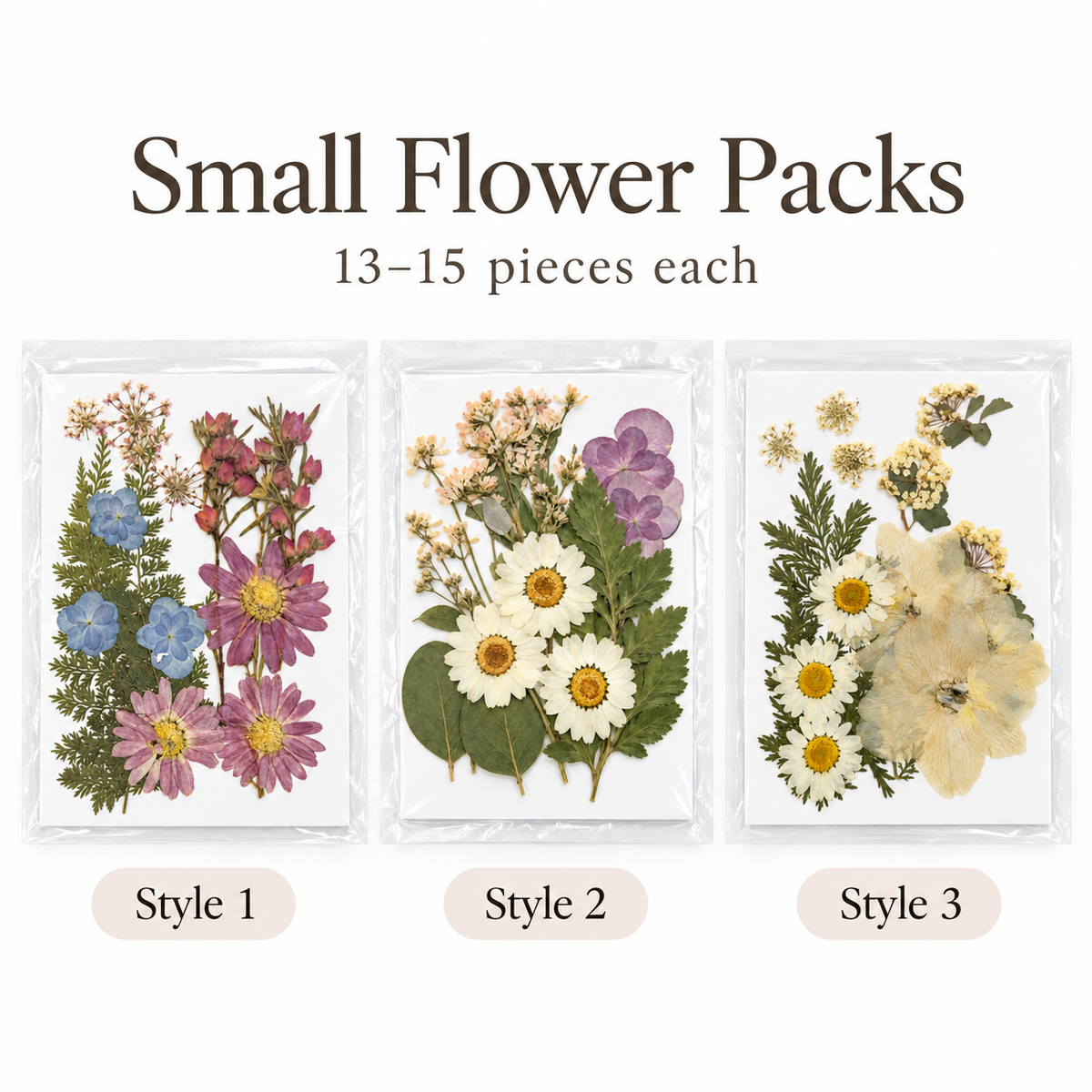 Three small pressed flower packs labeled Style 1, Style 2, and Style 2 are shown in clear envelopes on a white background, with text reading 'Small Flower Packs' and '13-15 pieces each'.