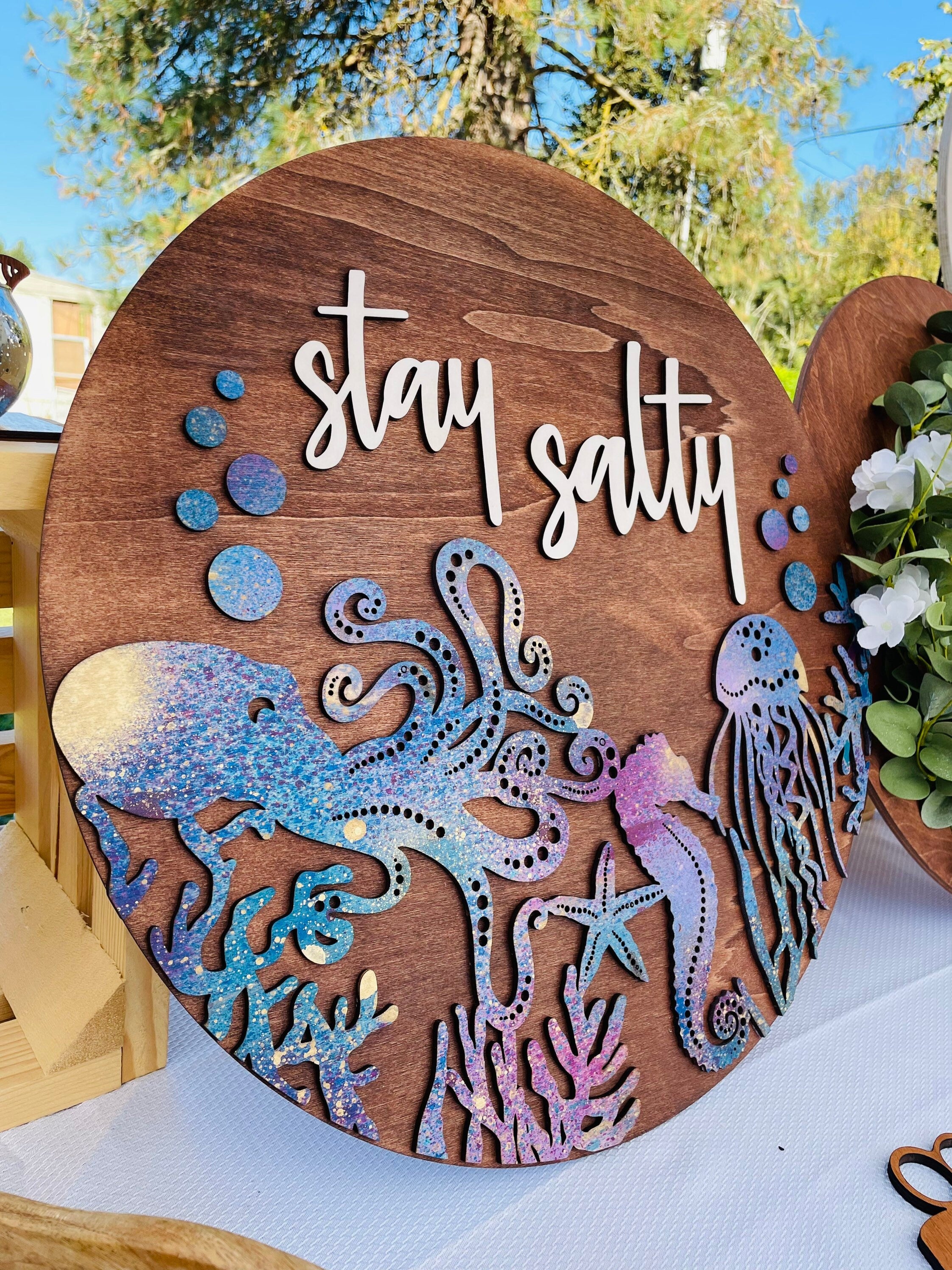 Stay Salty Sign | Ocean Themed Sign | Beach Sign | Round Painted Sign