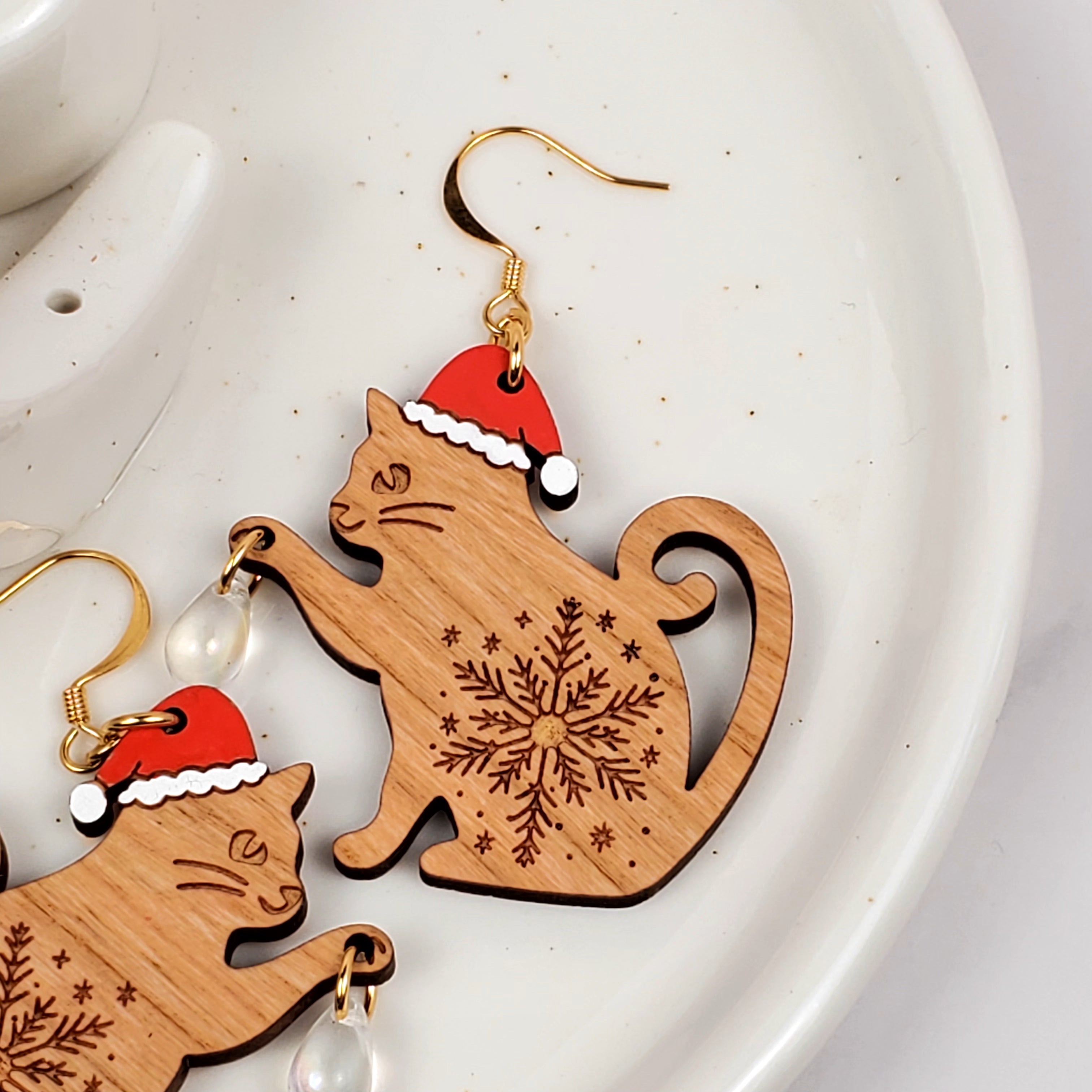 Holiday Cat with Santa Hat Wooden Earrings