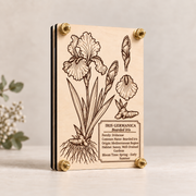 Bearded Iris botanical specimen flower press engraved with Iris Germanica artwork on light maple wood with brass hardware.