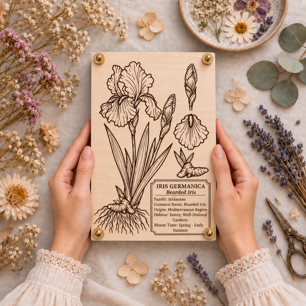 Hands holding a wooden Bearded Iris flower press engraved with Iris Germanica botanical artwork, surrounded by dried flowers and lavender.