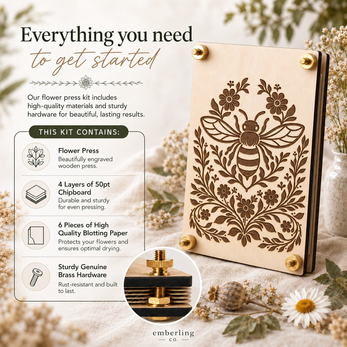 Product infographic showing a laser-engraved wooden bee flower press with brass hardware, plus a list of included kit contents such as chipboard layers, blotting paper, and genuine brass hardware.