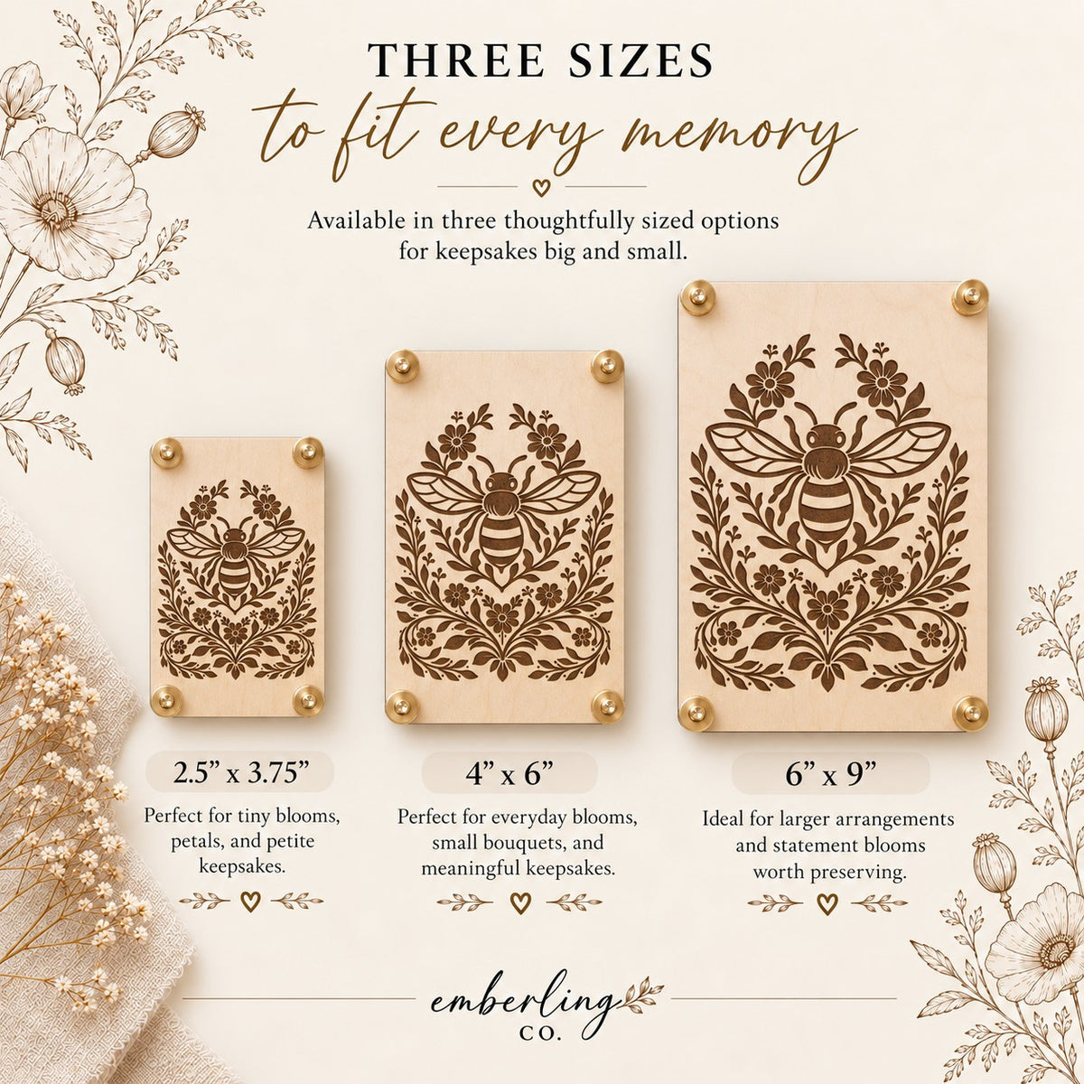 Size comparison graphic showing three laser-engraved wooden bee flower presses with brass hardware in 2.5 x 3.75, 4 x 6, and 6 x 9 sizes on a soft neutral botanical background.