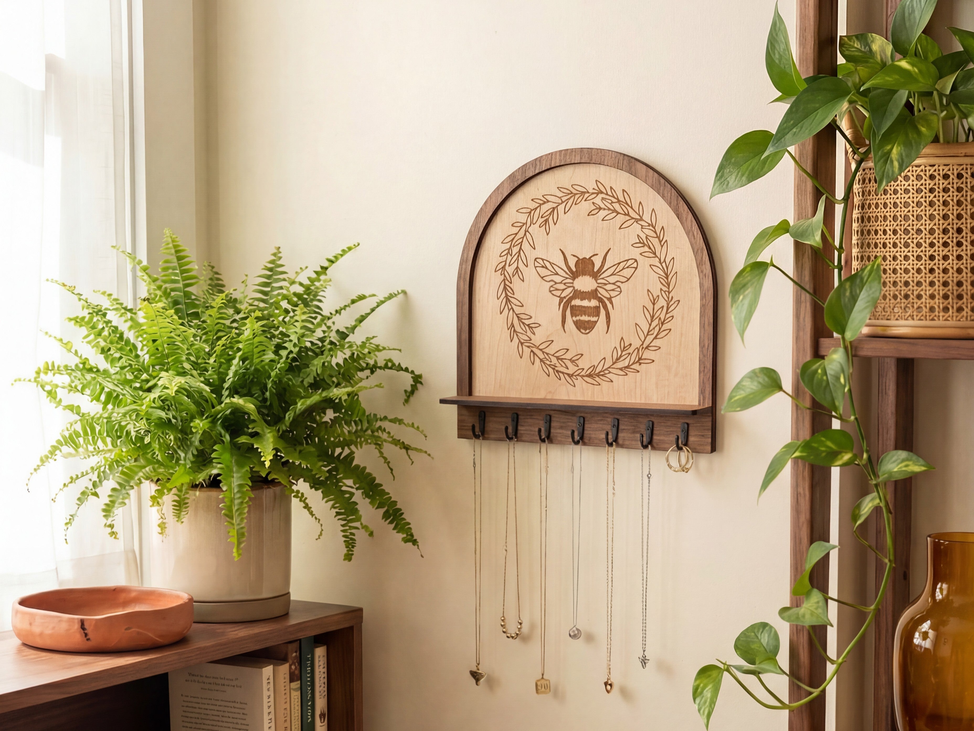 Bee Wall Organizer Key Holder + Jewelry Hook Rack (Maple Wood) | Entryway Key Rack for Bee Lovers