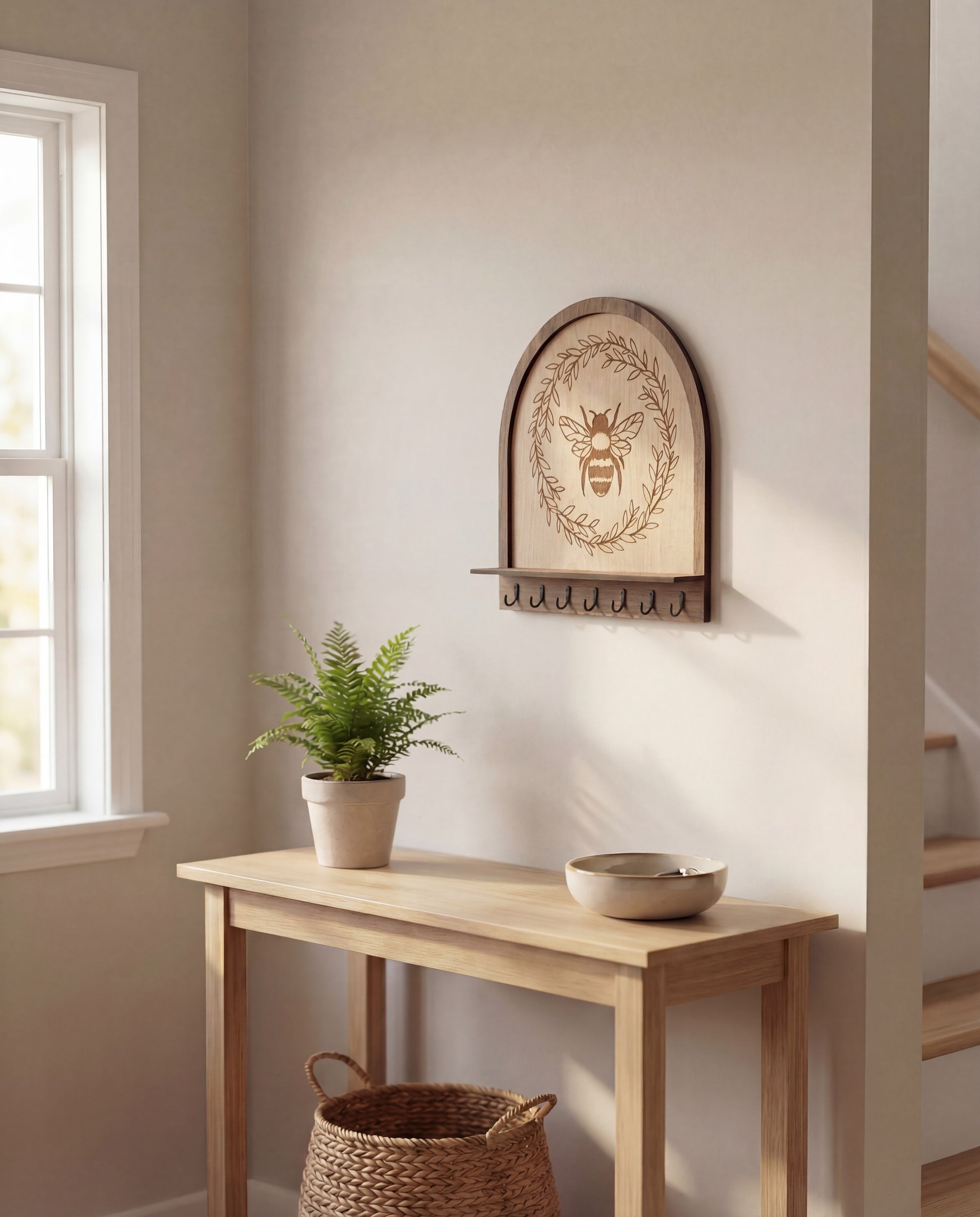 Maple wood bee wall organizer key holder with engraved honeybee wreath design and black hooks, styled above a light wood entryway table with a potted fern and bowl in a bright neutral hallway.