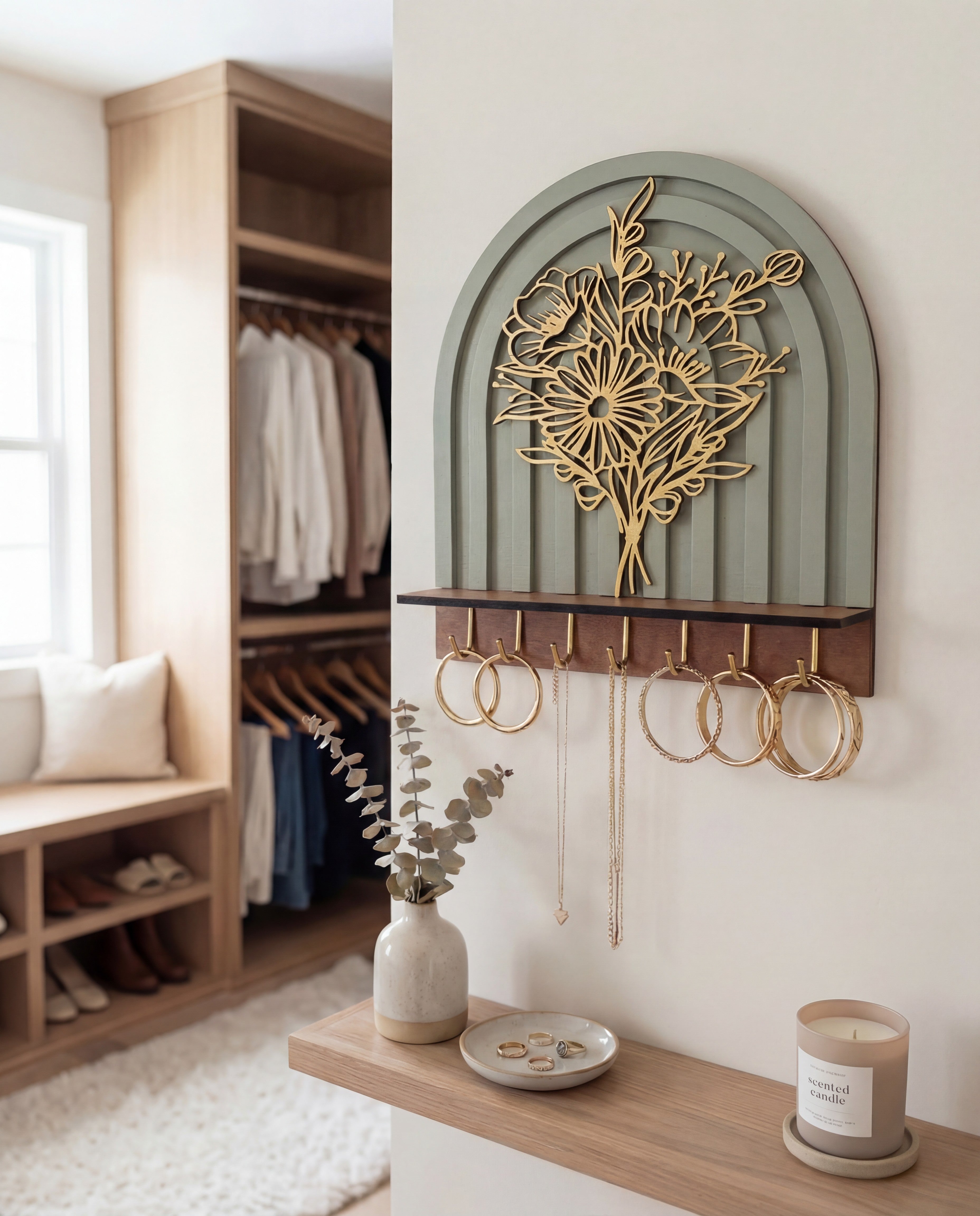 Arched wall-mounted jewelry organizer with layered floral botanical design and brass hooks holding hoop earrings and necklaces.