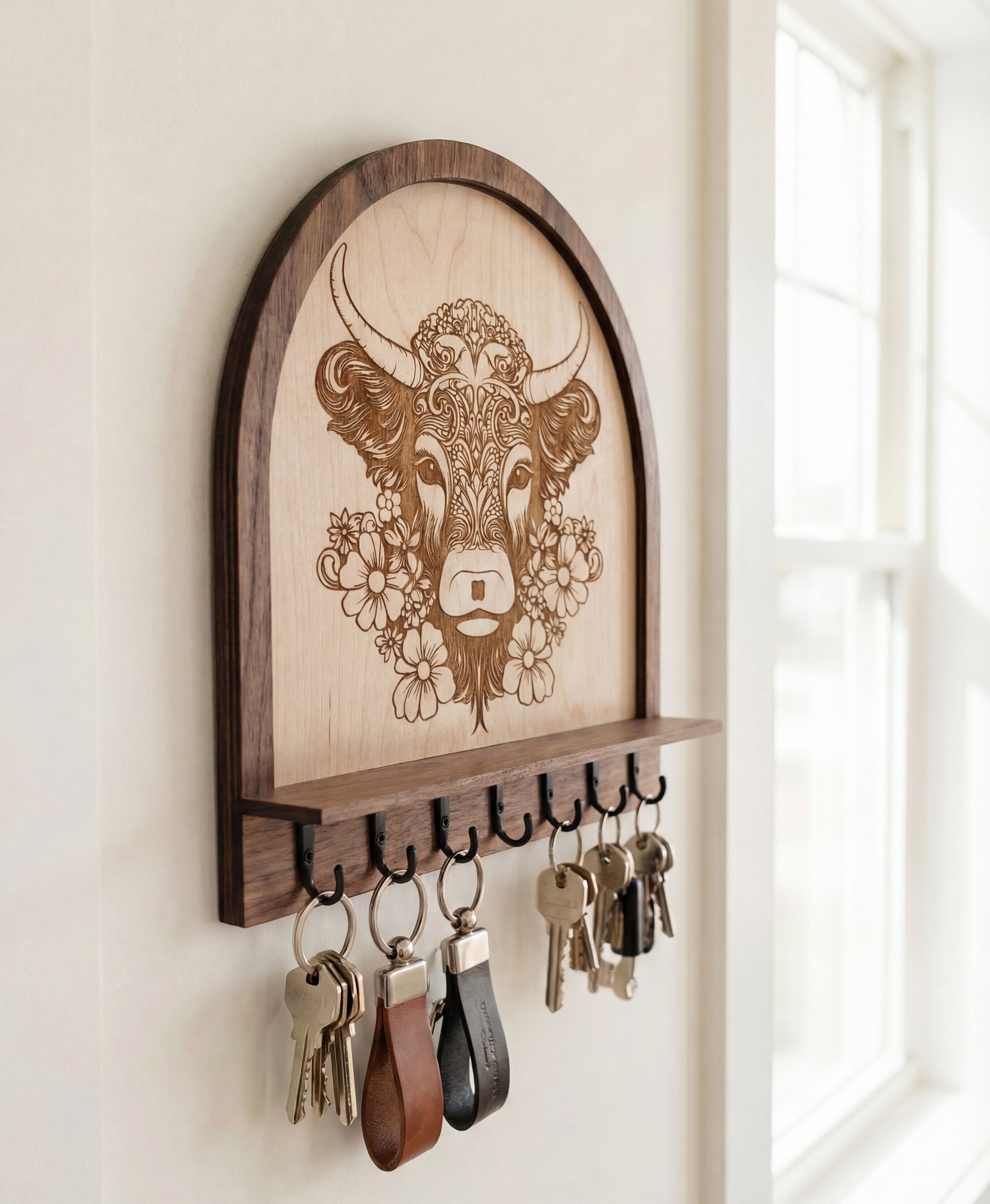 Floral highland cow key and jewelry holder with hooks and shelf, laser engraved wood wall organizer