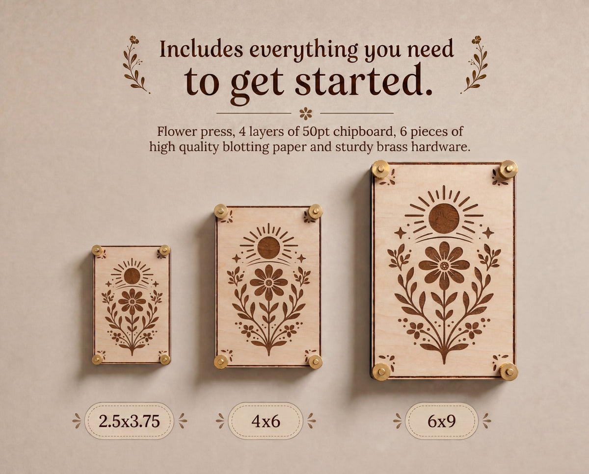 Three wooden flower presses of different sizes with laser-engraved floral designs, displayed on a beige background with descriptive text and dimensions (2.5x3.