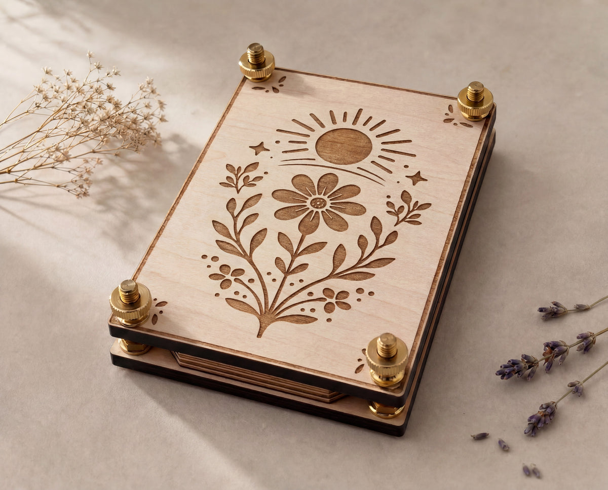 A rectangular wooden flower press with a laser-engraved floral and sun design on the lid, finished with four brass corner feet, photographed on a light beige surface with dried flowers and lavender sprigs around it.