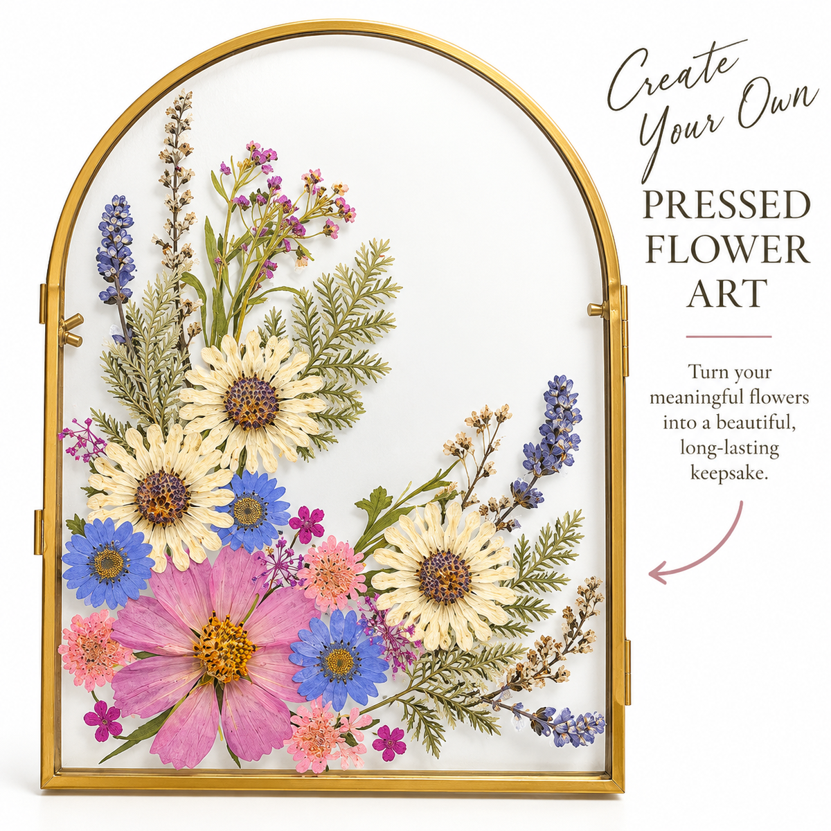 An arched glass keepsake box with a gold metal frame, decorated with pressed flowers and greenery, shown on a white background with promotional text on the right.