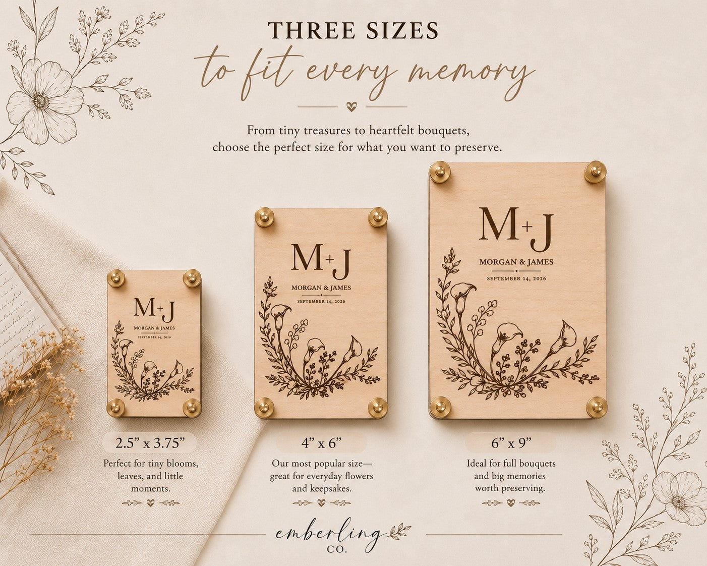 Three sizes of personalized calla lily wedding flower press — 2.5x3.75, 4x6, and 6x9 inches — for bouquet preservation keepsakes