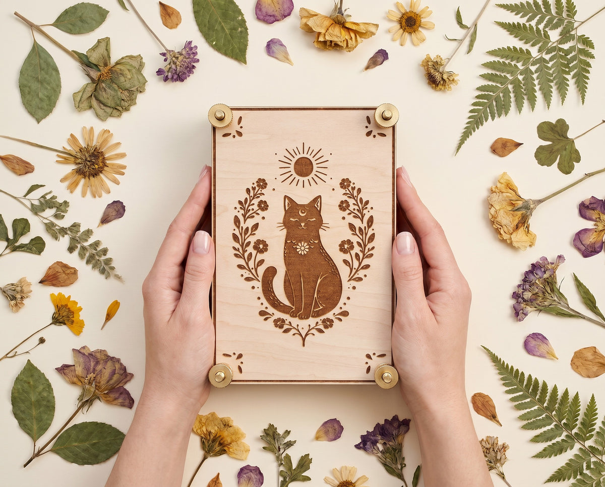 Handcrafted wooden flower press featuring an engraved black cat surrounded by botanical florals and a sun motif, held in two hands and styled on a light background with scattered pressed flowers, leaves, and ferns. Brass hardware secures all four corners.