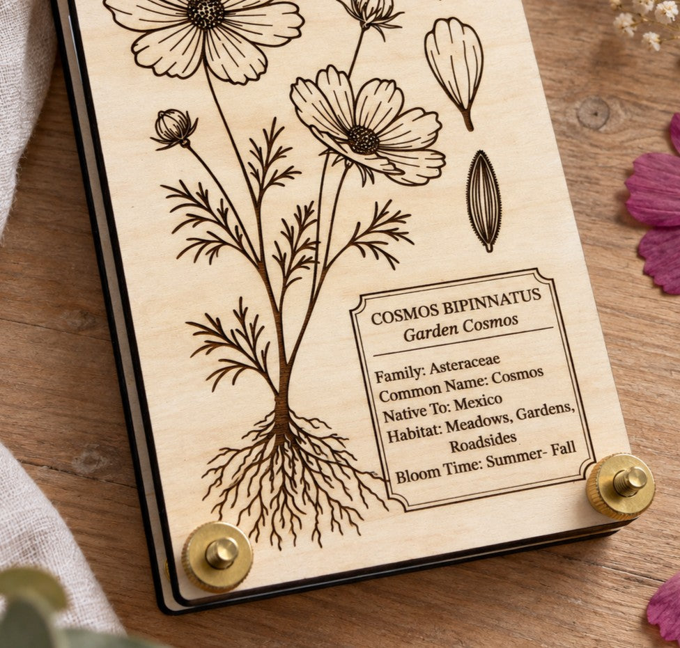 Close-up of a Cosmos botanical flower press featuring detailed laser engraving on natural maple wood with brass hardware. The engraved design includes Cosmos bipinnatus flowers, roots, seed details, and botanical information, highlighting the fine linework and craftsmanship.
