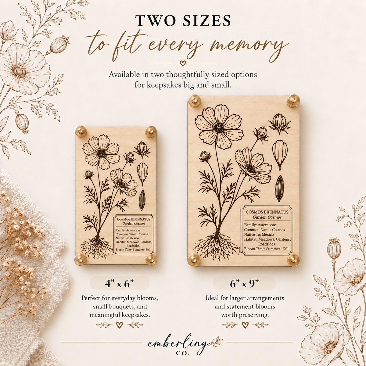 Cosmos botanical flower press shown in two sizes: 4 x 6 inches and 6 x 9 inches. Each press features a detailed engraved Cosmos bipinnatus design on natural maple wood with brass hardware. The smaller size is ideal for everyday blooms and keepsakes, while the larger size offers more room for bouquets and statement flowers.