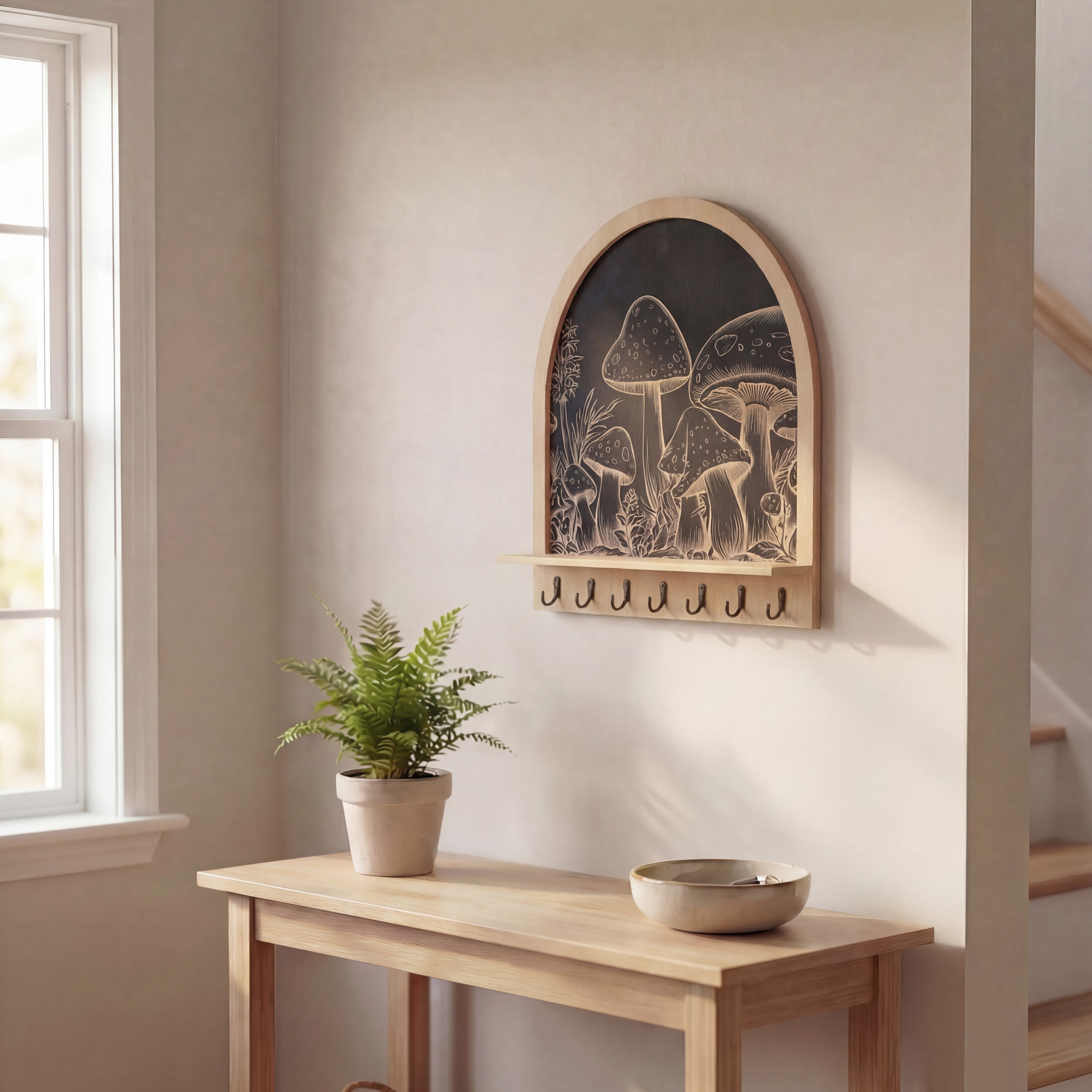 Arched wooden wall key holder and jewelry organizer with engraved mushroom design and black hooks, mounted above an entryway table in soft natural light.
