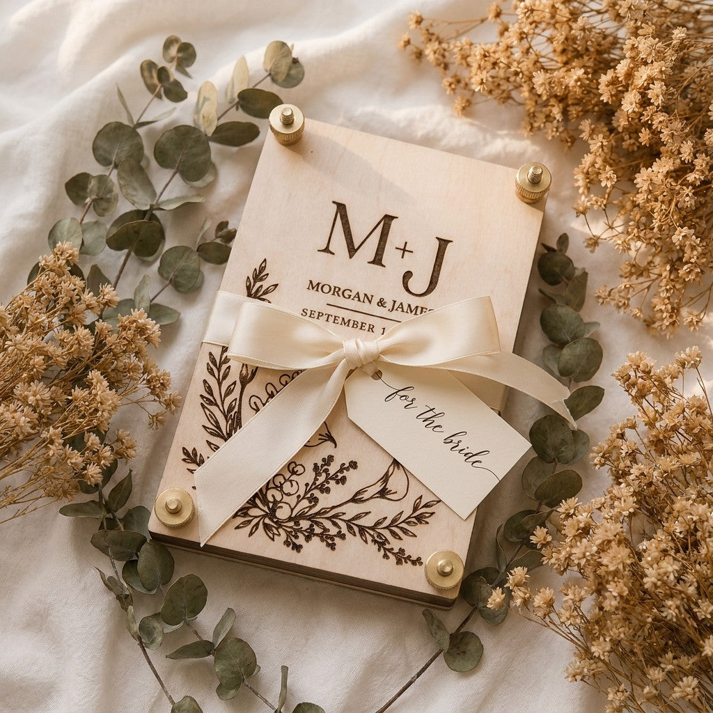 Personalized calla lily wedding flower press tied with cream satin ribbon and a "for the bride" gift tag, surrounded by dried eucalyptus and baby's breath on white linen — bridal shower gift presentation