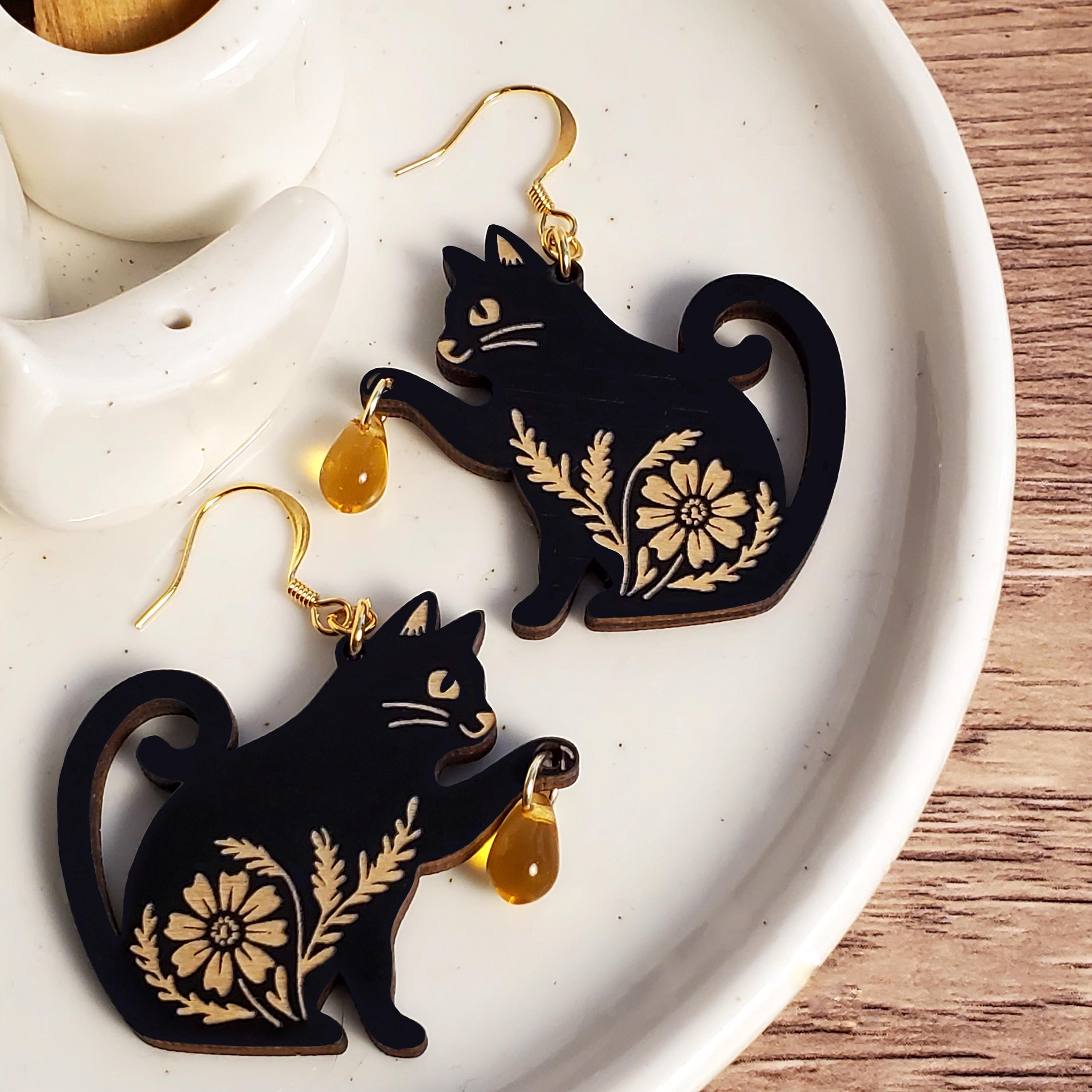 14K Gold Black Cat Dangle Earrings