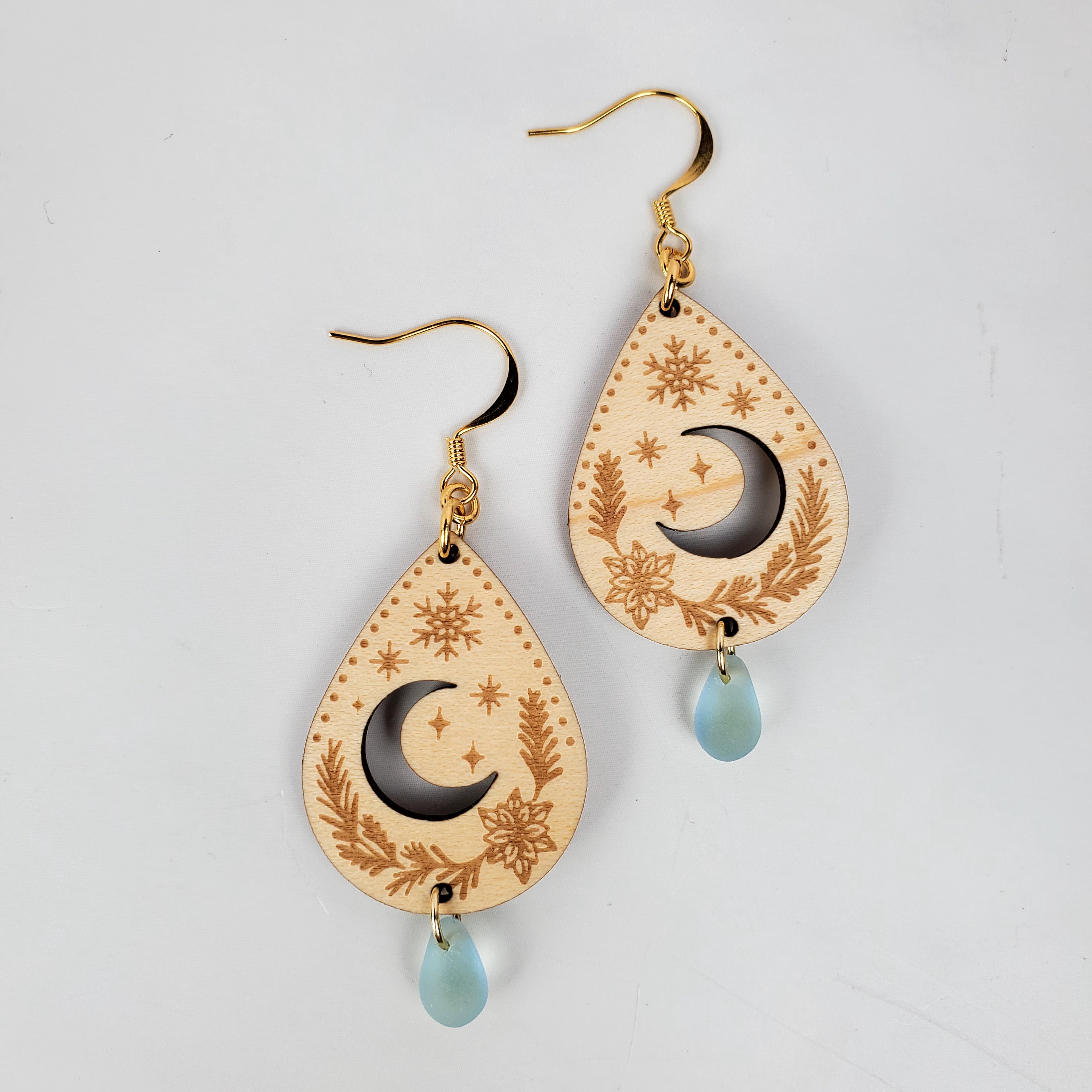 Peaceful Night Moon and Snowflake Wooden Earrings