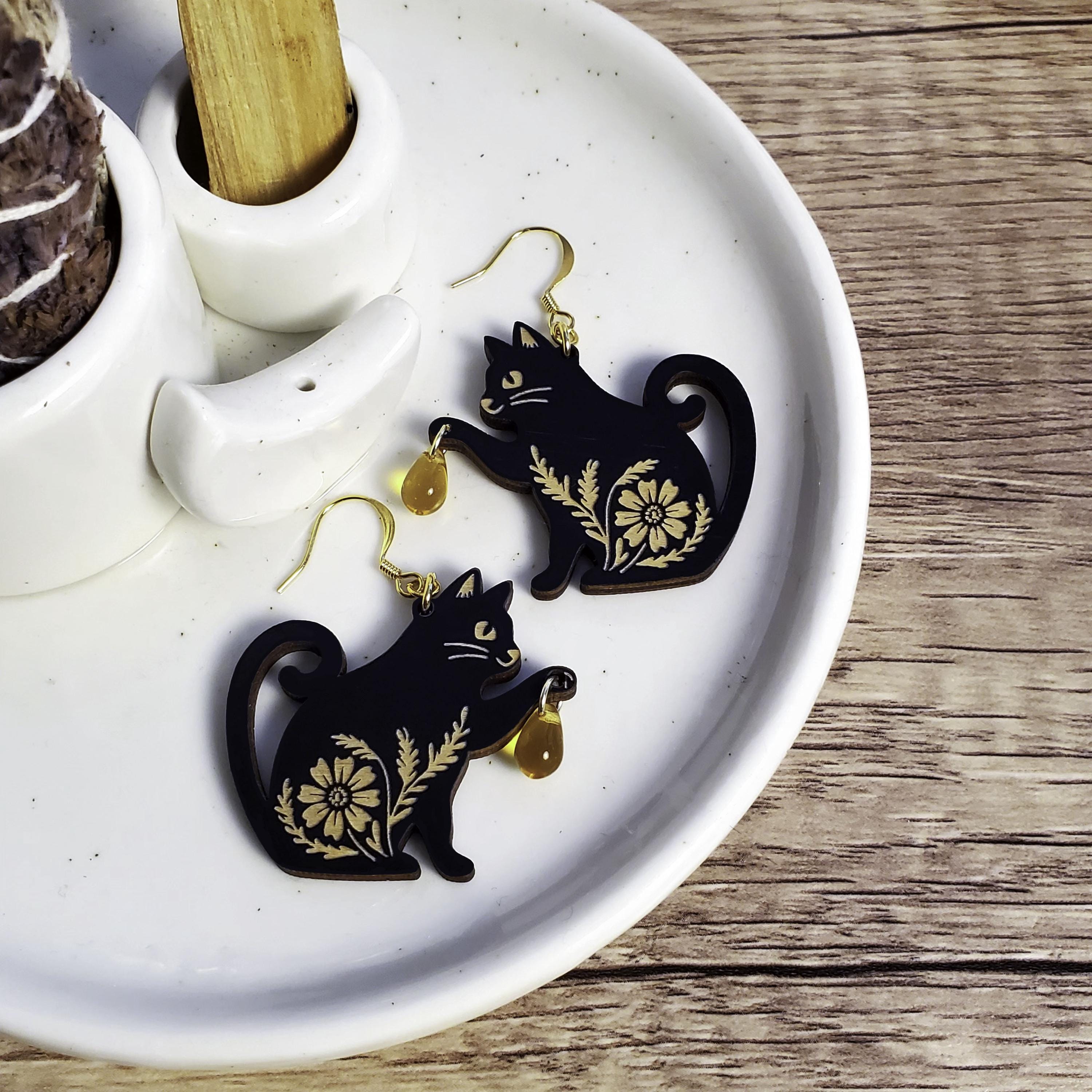 14K Gold Black Cat Dangle Earrings