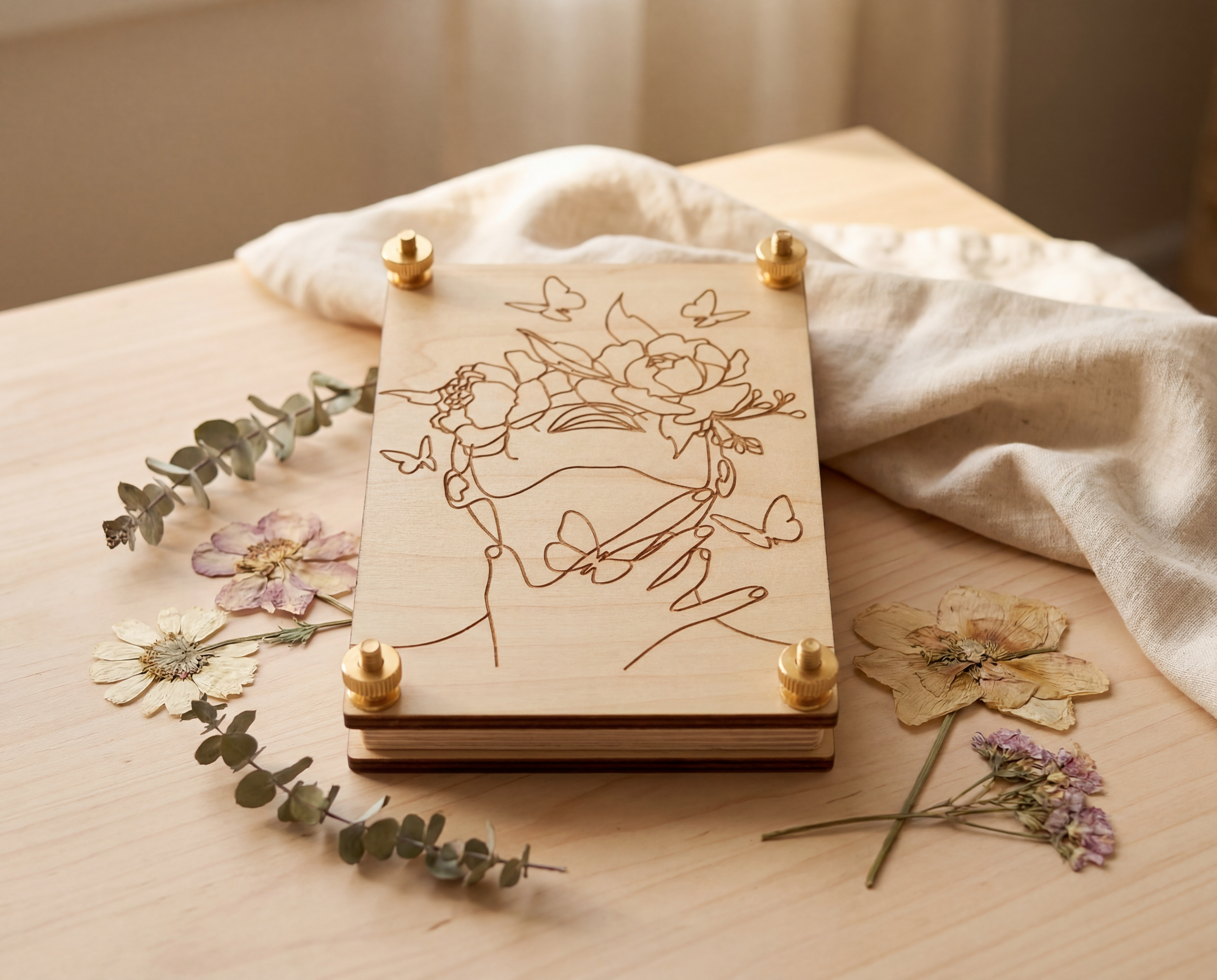 Handmade 4x6 maple wood flower press with brass knurled thumb nuts, engraved woman line art with peonies and butterflies, styled with pressed flowers on a light wood table.