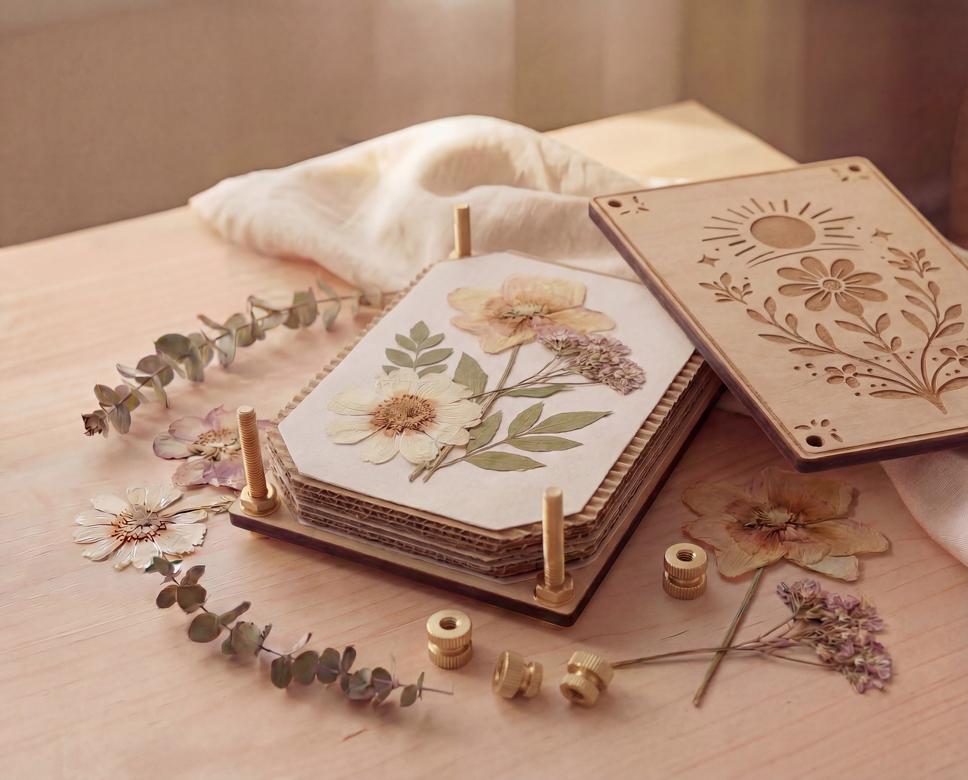 Open 4x6 handmade maple wooden flower press kit showing pressed flowers and leaves between blotting paper and cardboard inserts, with engraved botanical sun-and-wildflower top plate set aside and brass round bolts, washers, hex nuts and knurled thumb nuts on a light wood table with dried florals and eucalyptus, a beginner-friendly pressed flower craft kit for botanical art, scrapbooking and nature journaling.