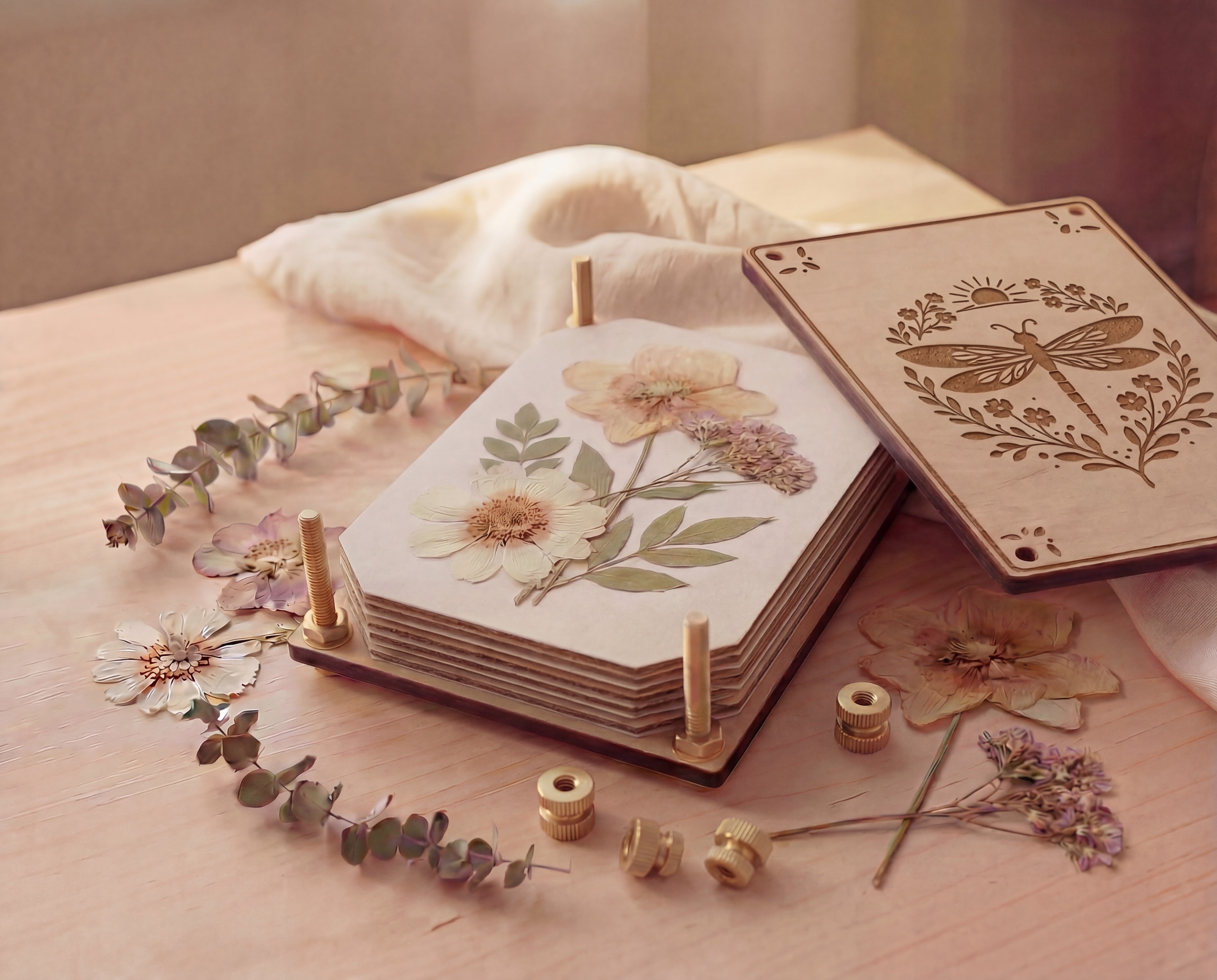 Open handmade 4x6 maple wooden flower press kit with engraved dragonfly botanical top plate set aside, showing pressed flowers and leaves between stacked blotting paper and cardboard inserts, with brass round bolts, washers, hex nuts and knurled thumb nuts on a light wood table alongside dried florals and eucalyptus, a beginner-friendly pressed flower craft kit for botanical art, scrapbooking and nature journaling.