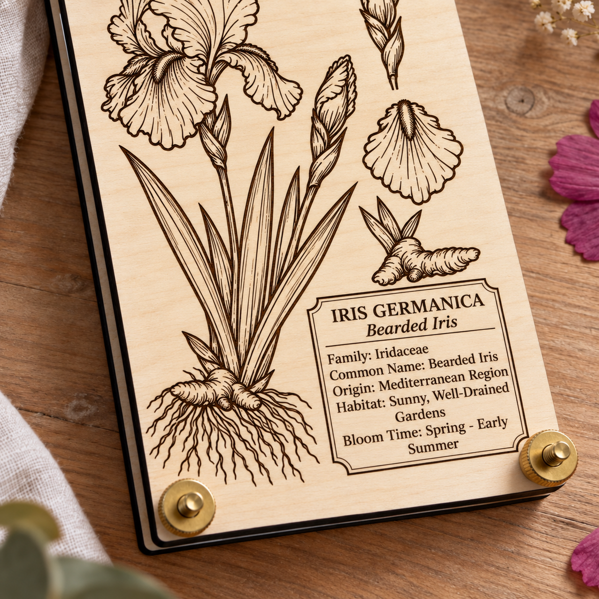 Close-up of an engraved Bearded Iris flower press featuring botanical Iris Germanica artwork, maple wood, and brass hardware.