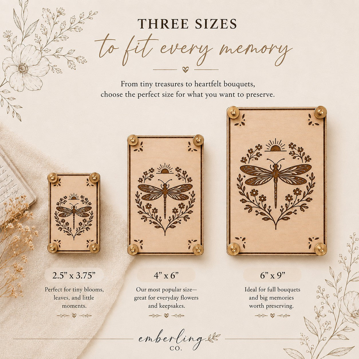 Celestial dragonfly laser-engraved wooden flower press available in three sizes — 2.5x3.75, 4x6, and 6x9 inch — handmade with brass hardware for pressing flowers, leaves, and botanicals.