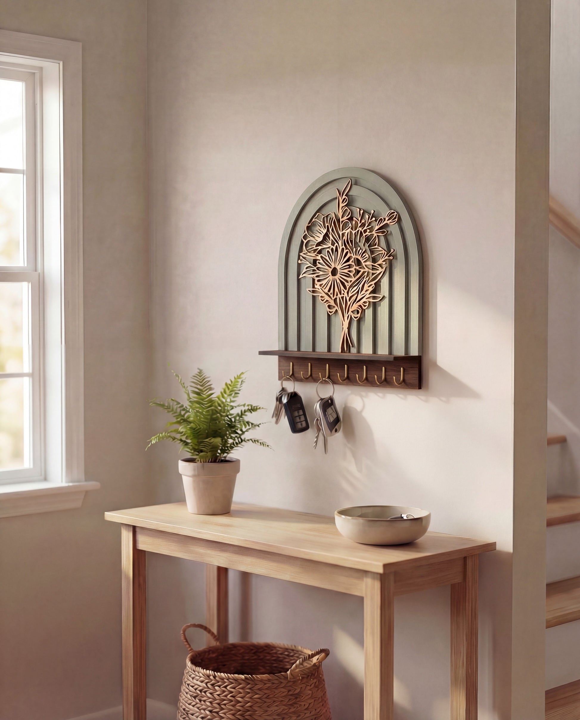 Arched wall-mounted key holder with layered floral botanical design, wood shelf, and brass hooks holding keys in an entryway.
