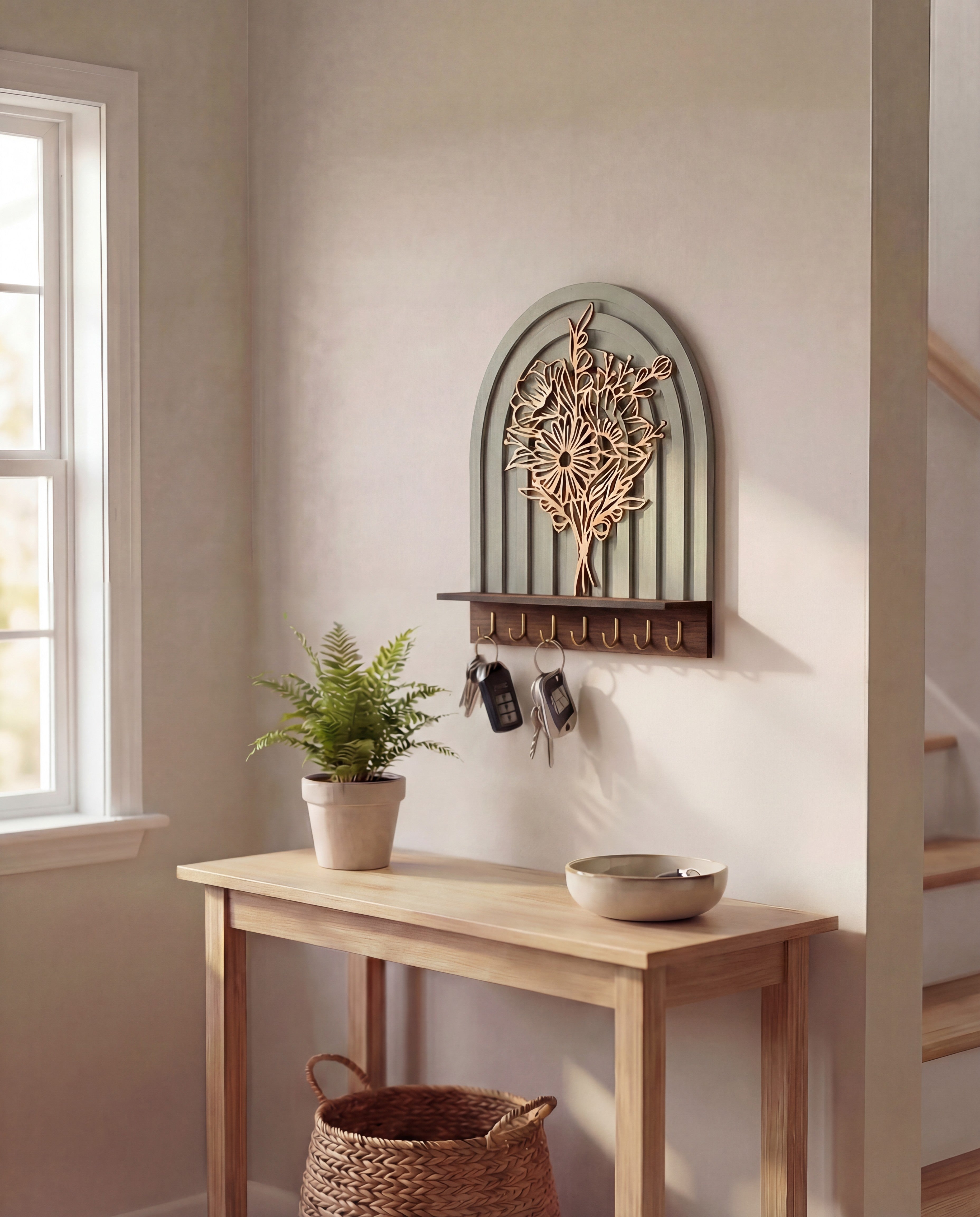 Arched wall-mounted key holder with layered floral botanical design, wood shelf, and brass hooks holding keys in an entryway.