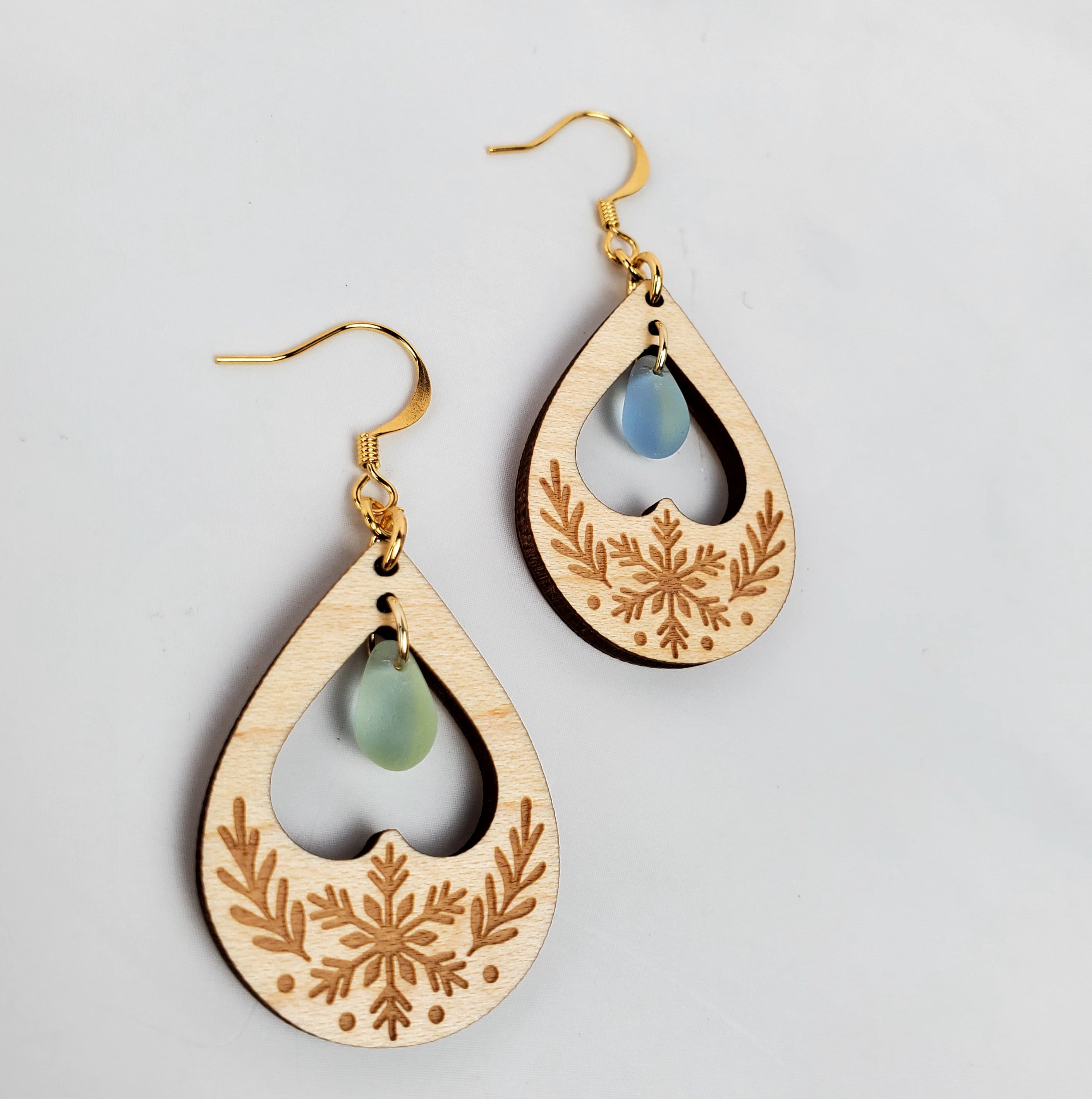 Snowflake Heart Drop Wooden Earrings