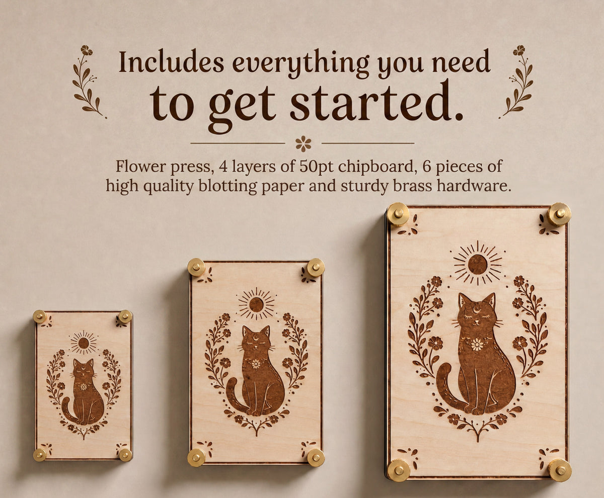 Three sizes of handcrafted wooden flower presses featuring an engraved black cat, botanical florals, and brass hardware. Each press includes four layers of chipboard, six sheets of high-quality blotting paper, and sturdy brass hardware, providing everything needed to start pressing flowers.