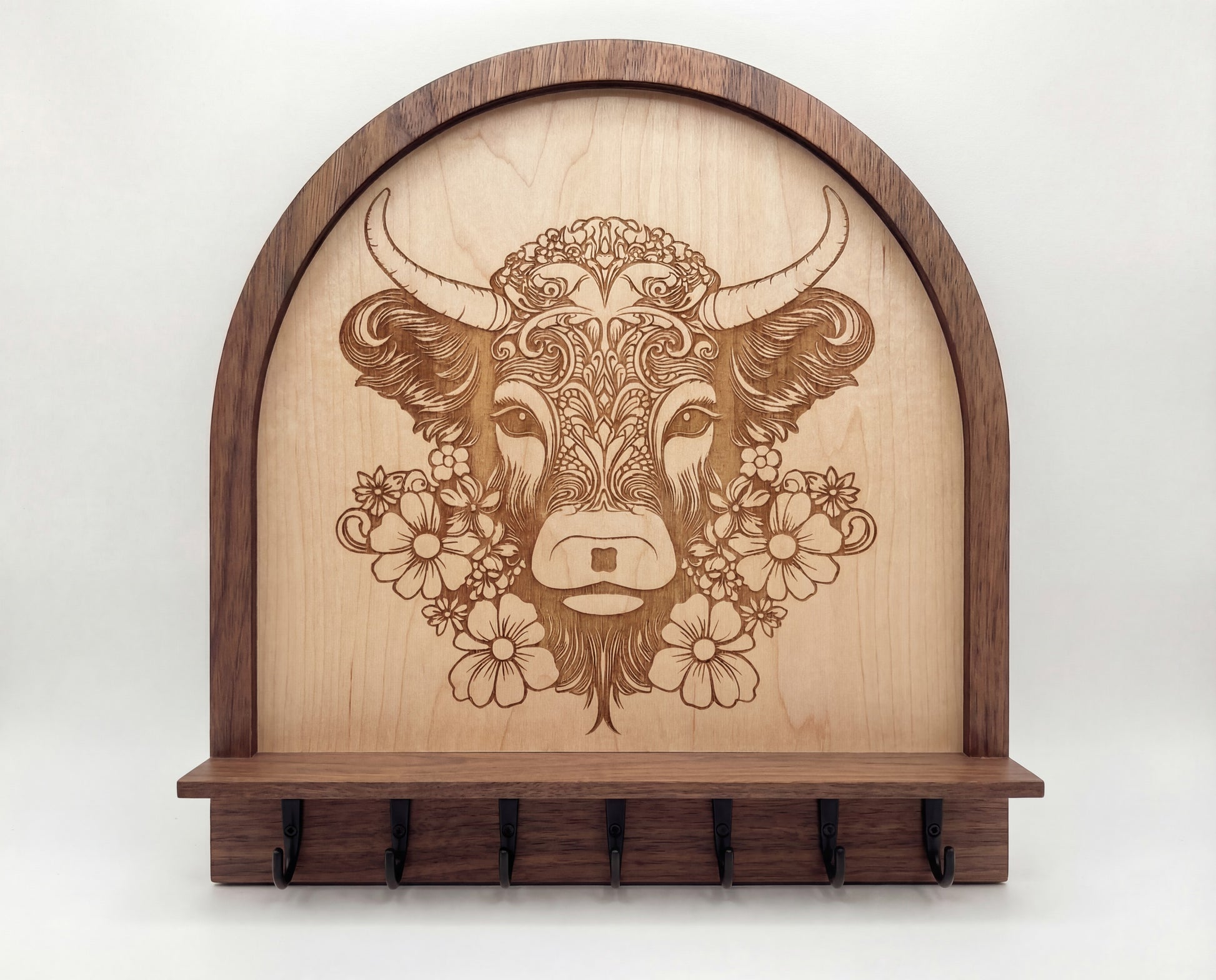 Laser engraved floral highland cow wood wall organizer with shelf and hooks.
