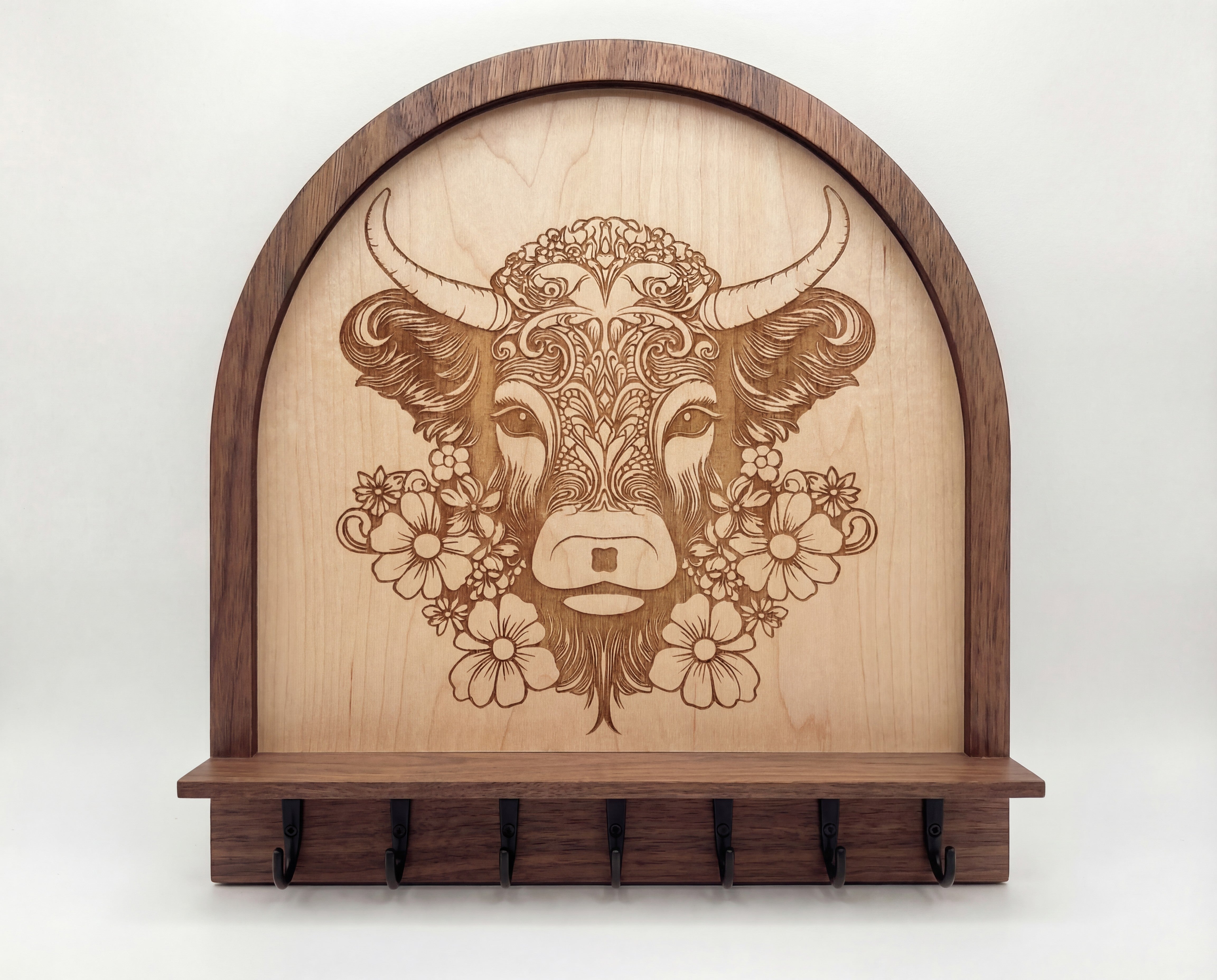 Laser engraved floral highland cow wood wall organizer with shelf and hooks.