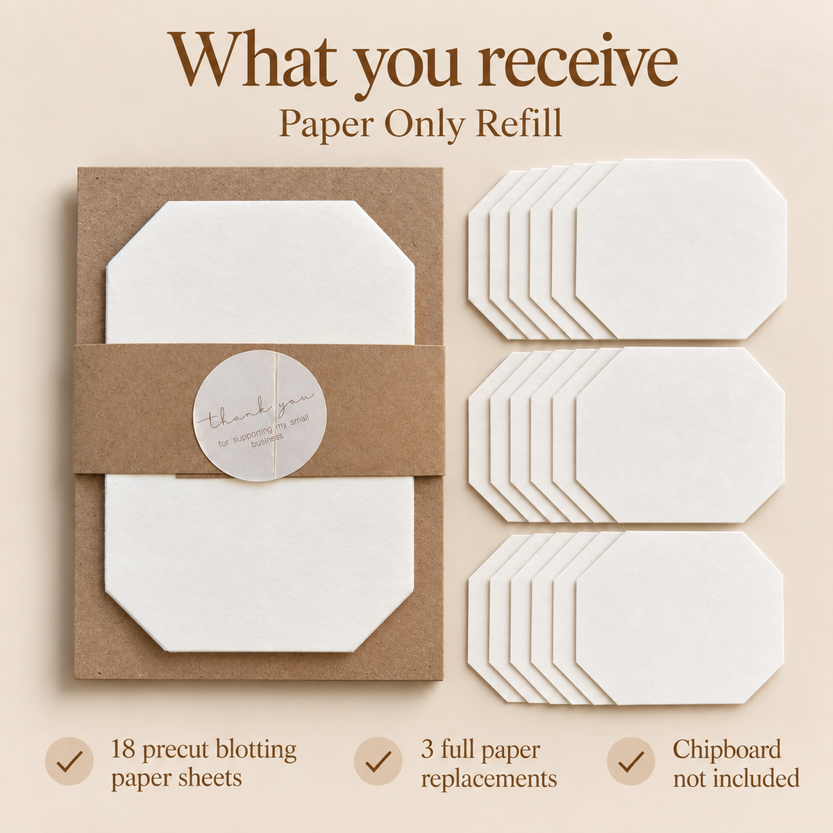 Paper-only flower press refill with 18 precut blotting paper sheets arranged as three sets of six, with chipboard not included.