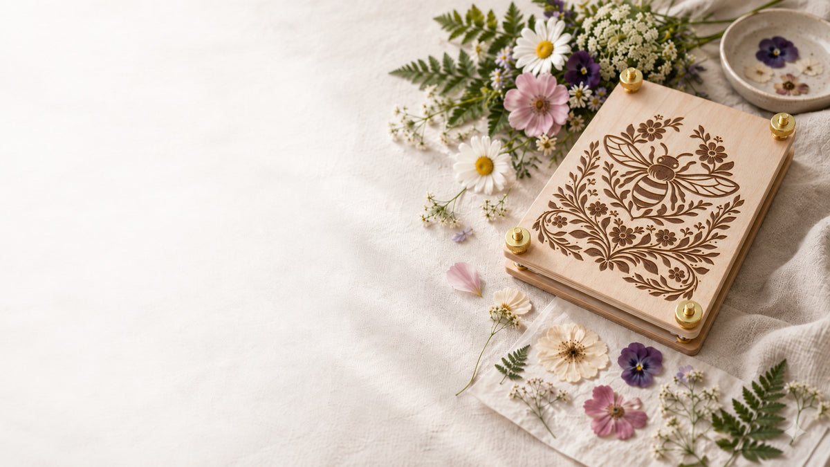 A wooden flower press with an engraved bee and floral design, decorated with small gold corner accents, styled on a white fabric surface with dried flowers and greenery.