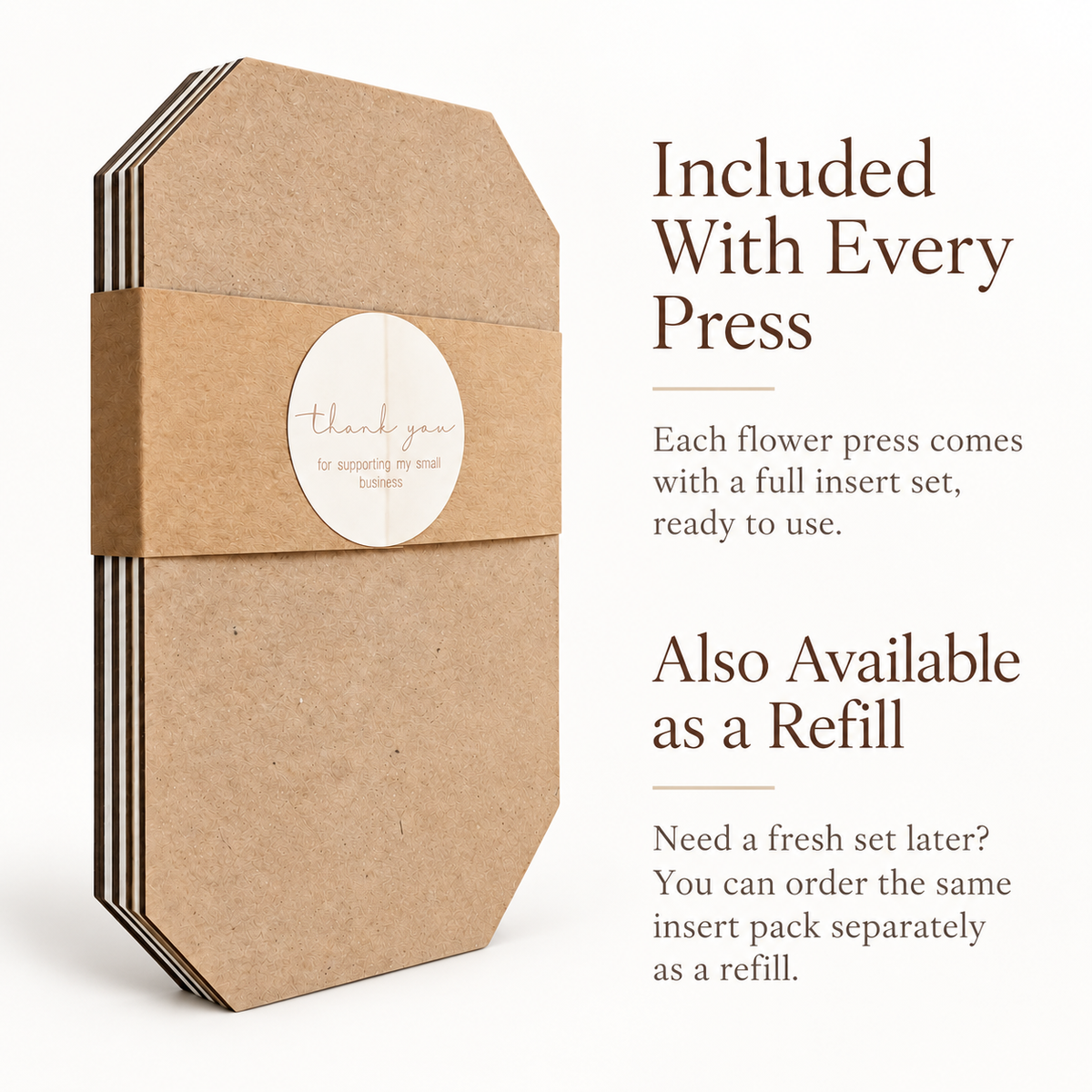 A kraft paper flower press package wrapped with a paper band and a round thank-you label, shown beside text on a light beige background. The text says it is included with every press and also available as a refill.