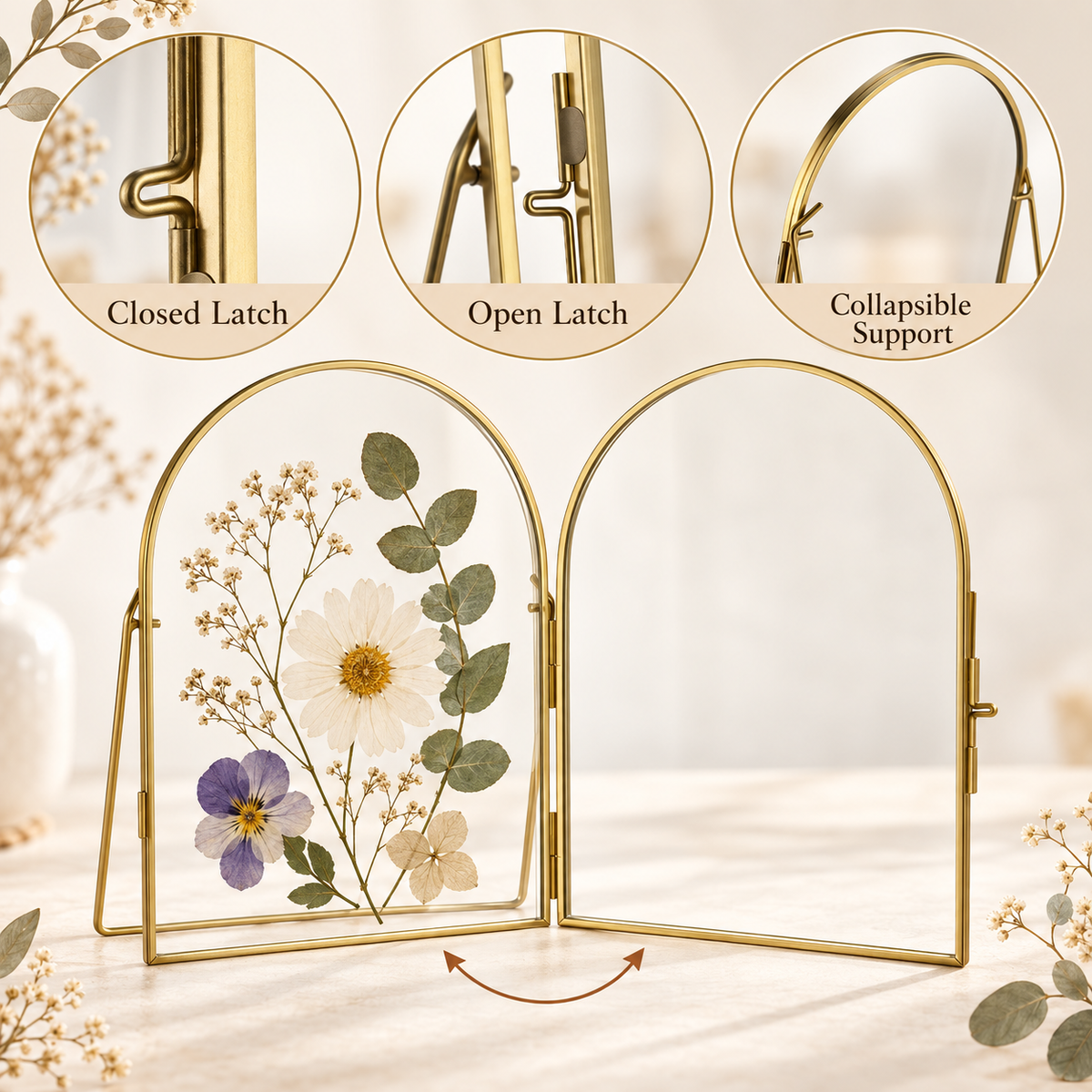 Gold arched glass frame shown open with close-up views of the closed latch, open latch, and collapsible support.
